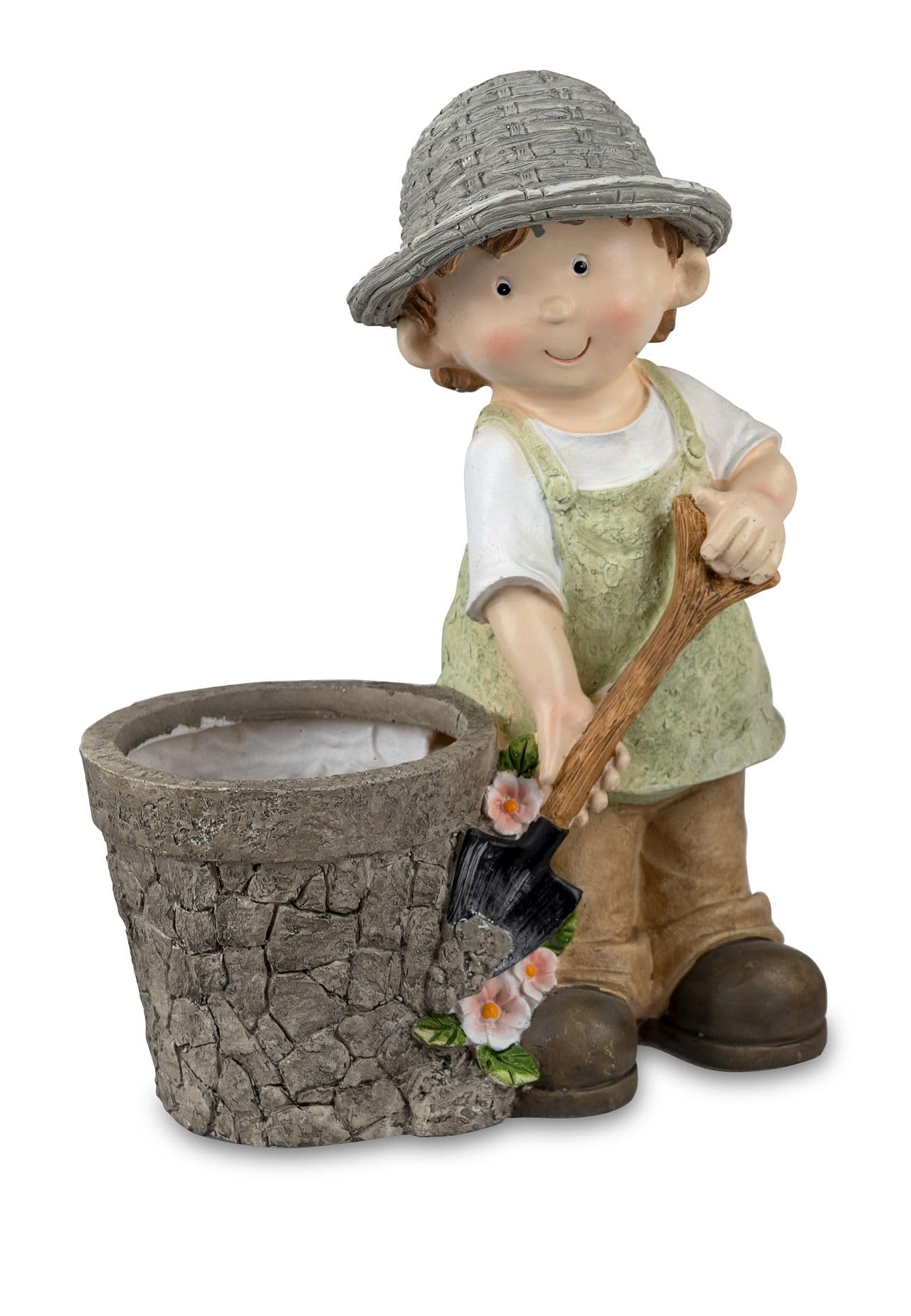 Deko-Figuren Sommerkinder Greta oder Franz stehend Gartenkinder mit Topf Frühjahrsdeko Sommerdeko für Innen und Außen 38x16cm groß 088 (Junge)