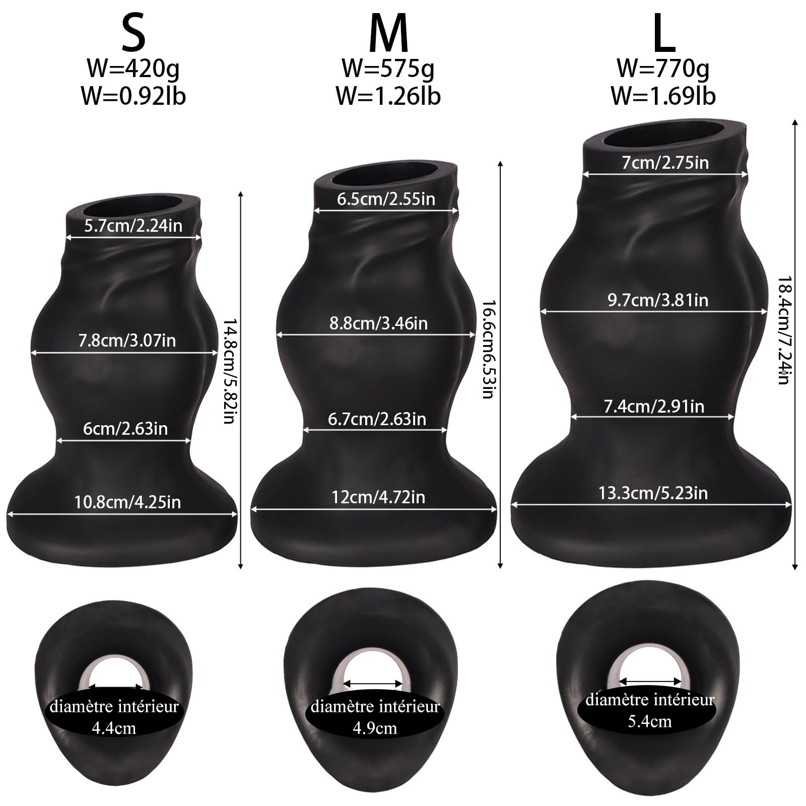 Plug anal grand format creux en Silicone Format poing Dildo Anal (Noir, L)