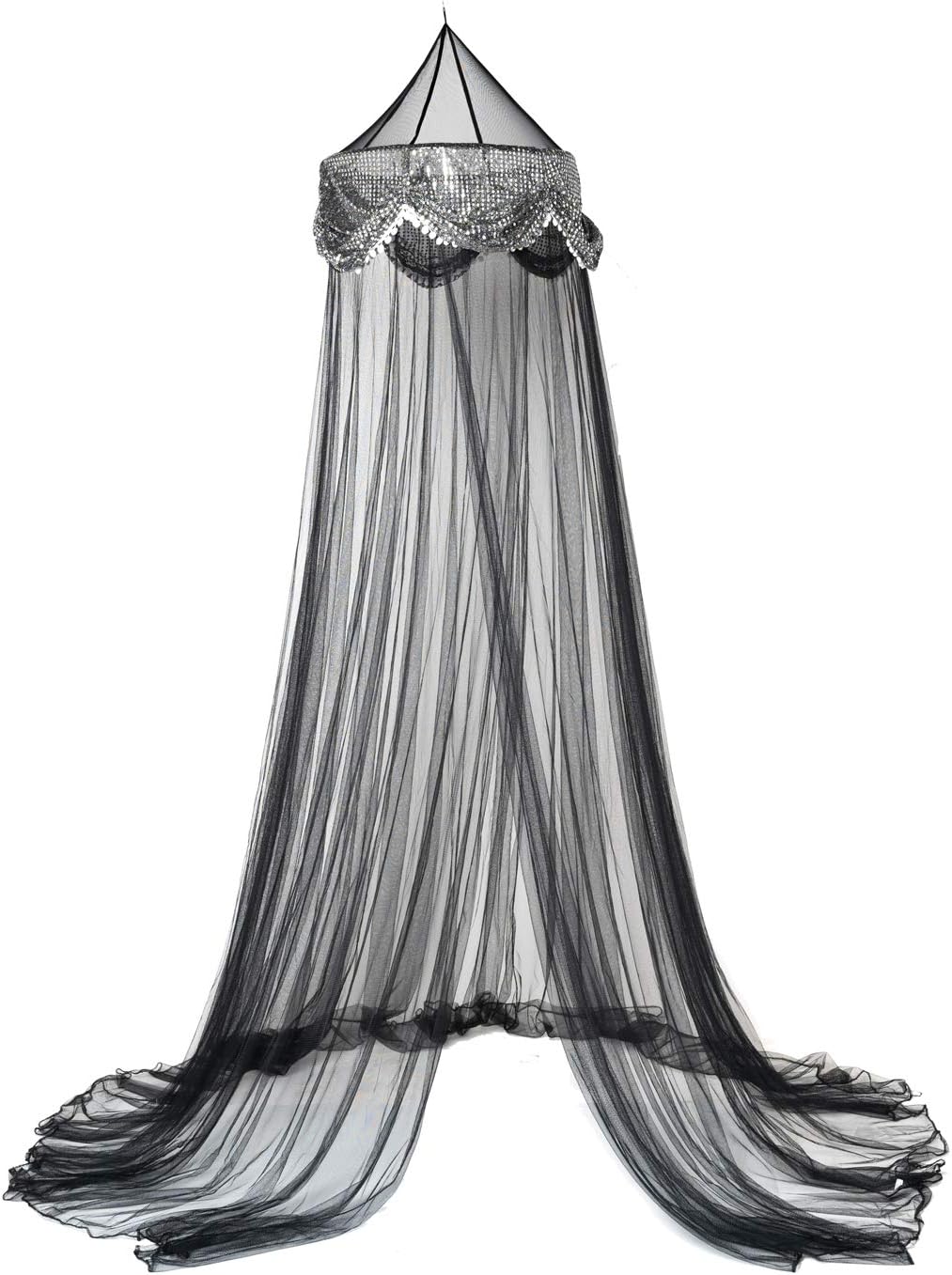 OctoRose Princess Round Hoop Bed Canopy Net with Sequins Valance Hanging Drapes Mosquito Netting Fits Bed 60x250x1200CM (Black)