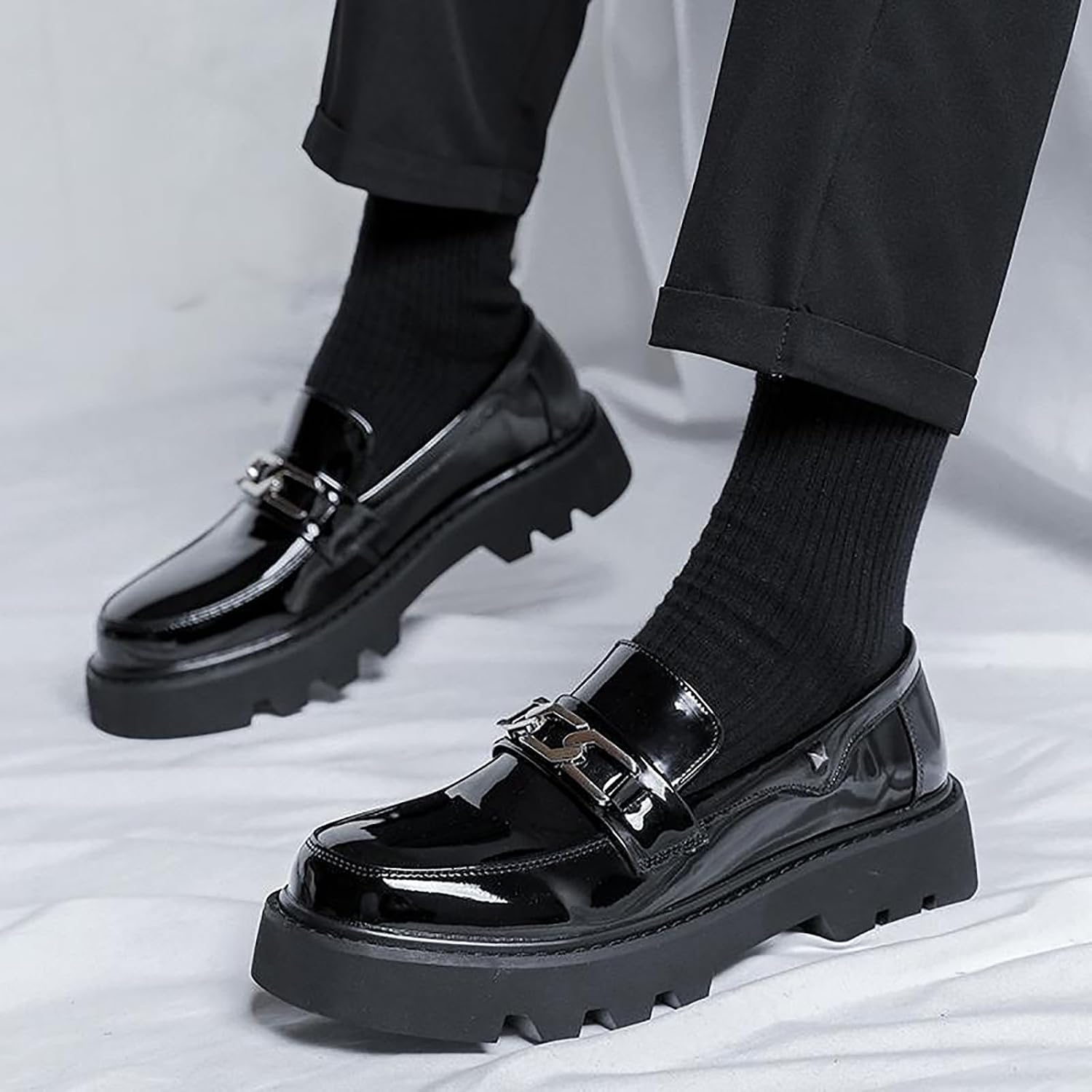 Men's Leather Platform Slip-On Loafers Fashion Breathable Non-Slip Lug Sole Business Dress Casual Penny Loafers for Business Party Wedding