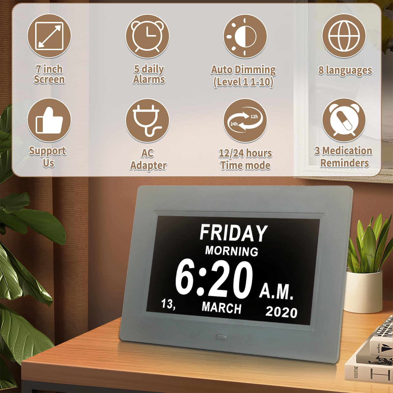 VHV 7 pulgadas LCD reloj digital calendario con fecha día y hora reloj no abetado auto atenuación 8 idiomas HD pantalla recordatorio para Alzheimer ancianos y niños (Negro)