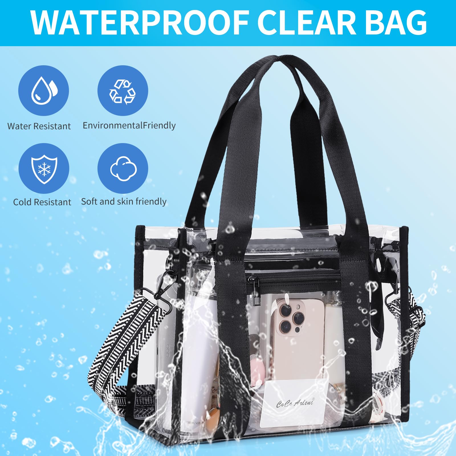 Bolsa transparente para eventos de estadio, bolsa grande transparente con cremallera exterior e interior para eventos deportivos, conciertos, trabajo, playa