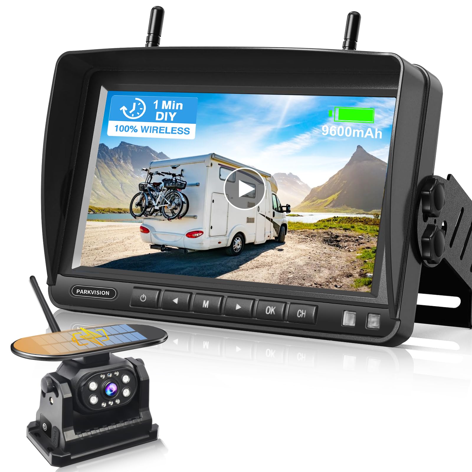 PARKVISIONWireless Solar Reversing Camera with 9600 mAh Battery Magnet Wireless Reversing Camera Car 1080P with 7 Inch Monitor Video Recording for Trucks, Motorhomes, Cars