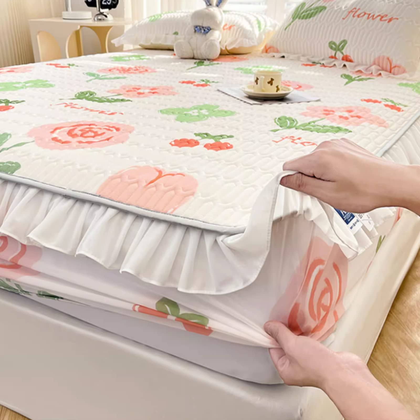 FCLDESHOP Weiche Atmungsaktivem Spannbetttuch,Sommerverdickter Latex-Bettbezug aus kühler Seide, bequemer Cartoon-Druck-Matratzenaufleger mit tiefen Taschen, Jadefarbe, 180 cm x 200 cm (71 x 79 Zoll)