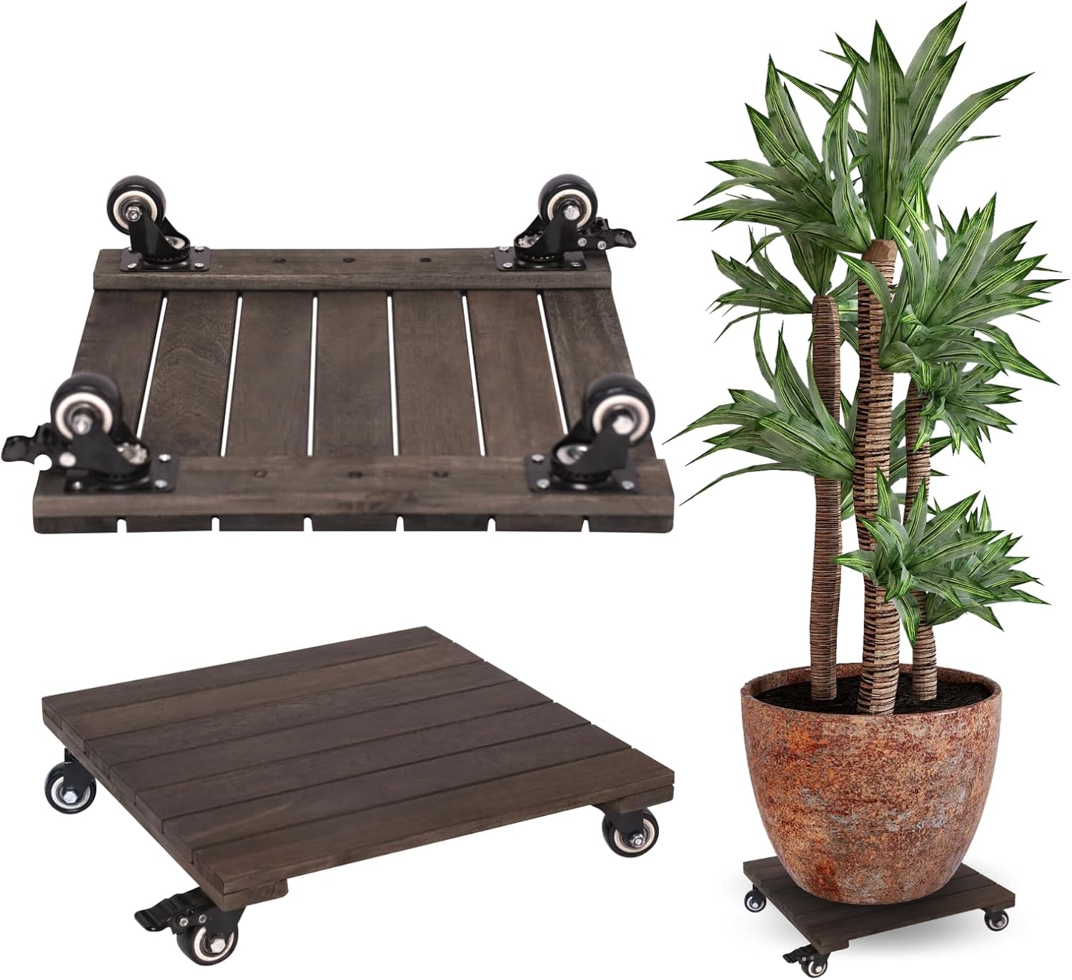 2PCs 14 INCH Heavy Duty Wood Plant Caddy with 360 Lockable Wheels Square Rolling Plant Stand for Large Indoor Outdoor Patio Pots (Square-Walnut)