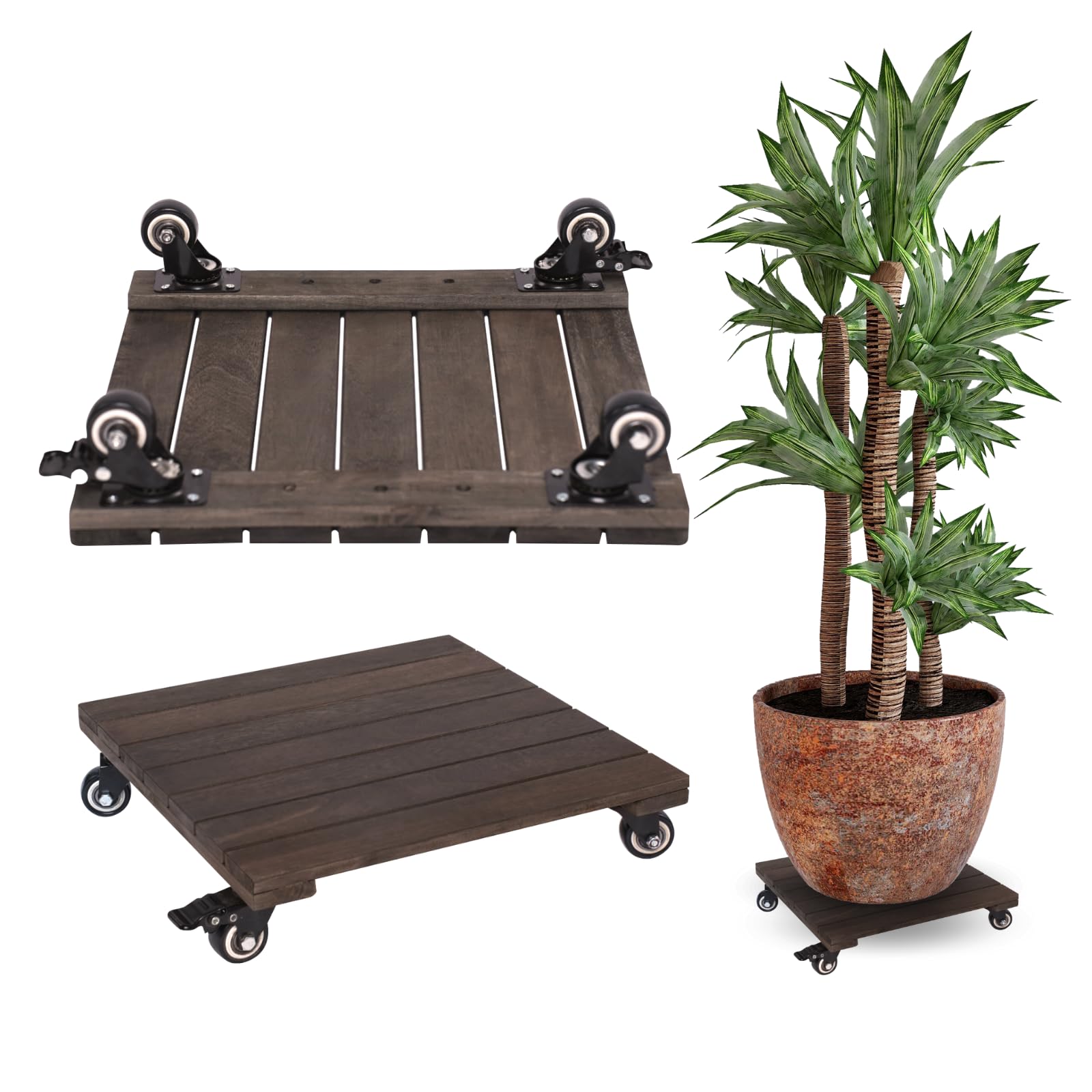 Timberholm 2PCs Heavy Duty Wood Plant Caddy with 360° Lockable Wheels Square Rolling Plant Stand for Large Indoor Outdoor Patio Pots (Square-Walnut-14 INCH)
