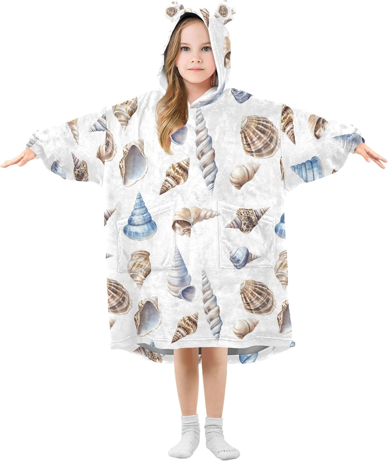 Conch Kids Wearable Blanket Hoodie with Pocket and Sleeves for Toddlers, Cute Hoodies 3-14 Year Girls Boys B0403825