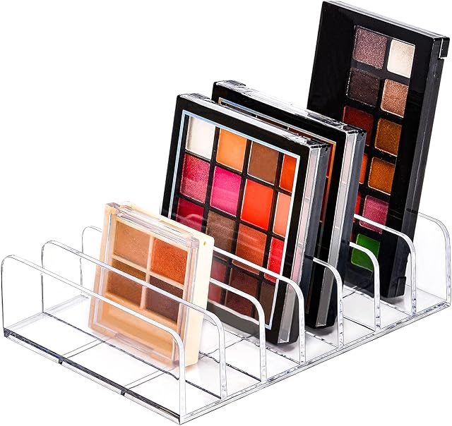 JessLab Palette Organizer, 7-Section Divided Plastic Makeup Organizer Eyeshadow Contour Blush Holder Cosmetics Storage for Bathroom Vanity Countertop, Transparent, L