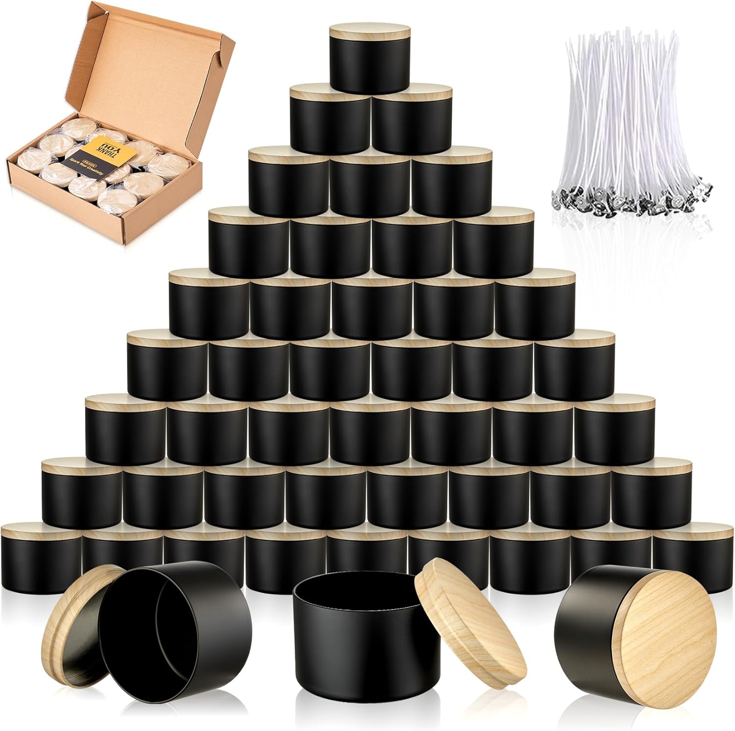 Candle Tins Jars Container Vessels for Making 4 8 Oz Black Empty Candle Tins Can Gift Box Packaging Plate with Lids Wax Container Bulk Making DIY Candle Supplies Accessories(Black,4oz,48pcs)