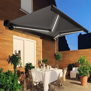 Outdoor Etractable Awning, Electric Retractable Awning with LED Light, Waterproof Patio Canopy Awnings, Upgraded Balance System, for Deck, Balcony, Yard, Garden Gray