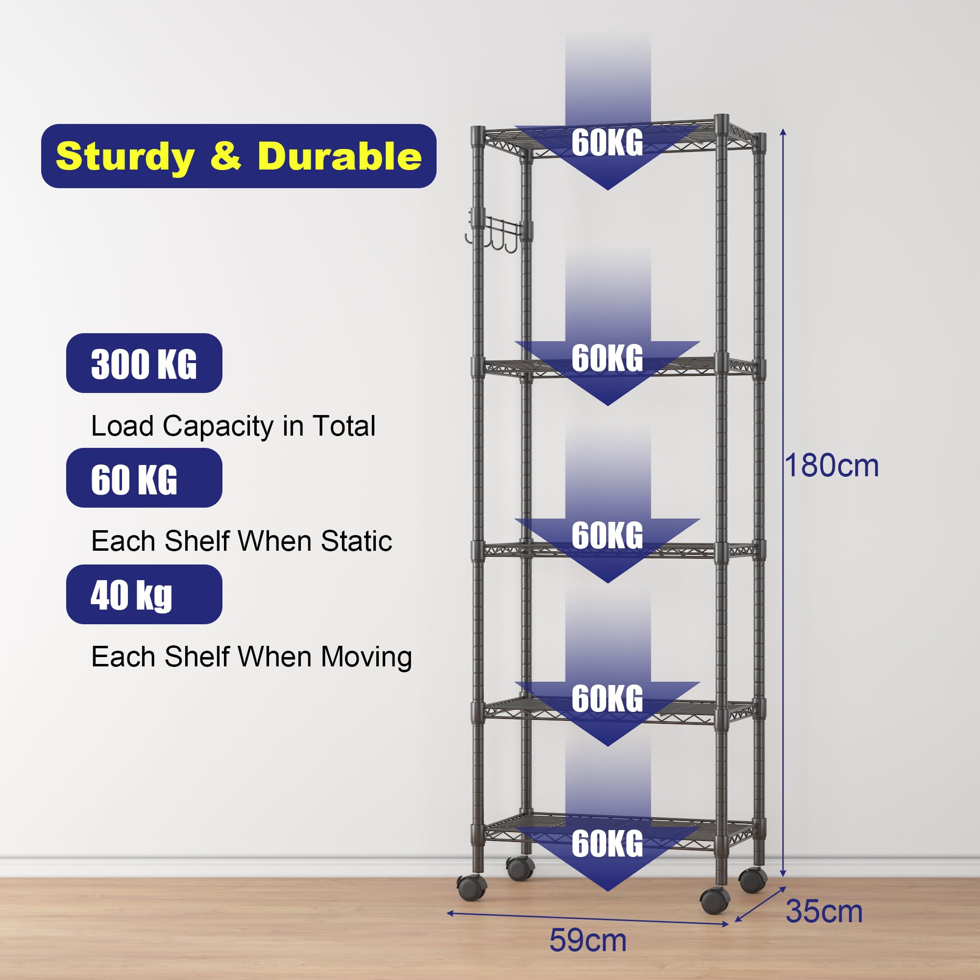 Himimi Scaffale con ruote, in metallo su ruote, regolabile in altezza, con 5 ripiani, per cucina, bagno, dispensa, 35 x 59 x 183 cm, colore nero