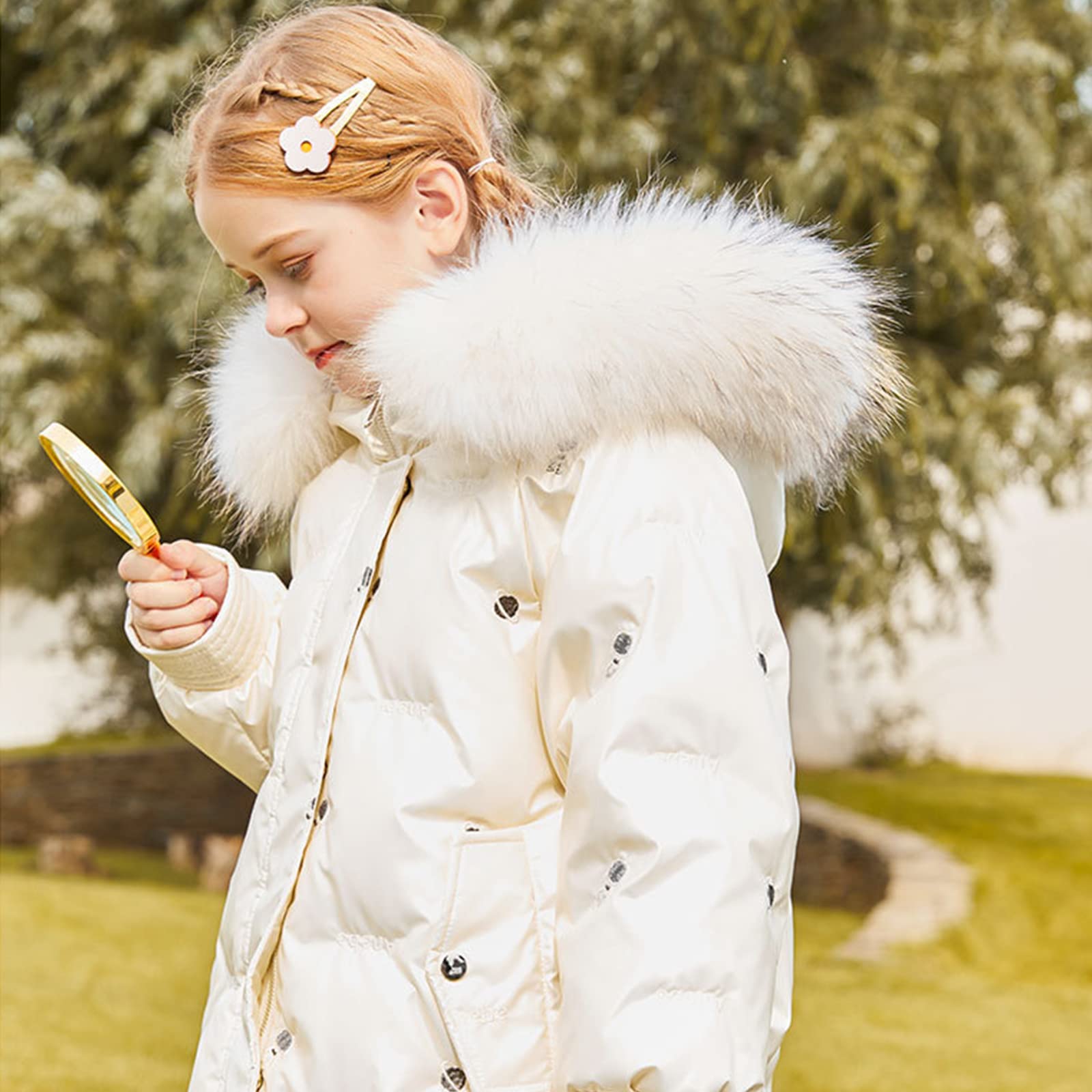 Piumino D'Anatra Bianca con Cappuccio Invernale per Bambini di Media Lunghezza Giacca Calda da Bambina Modello Spaziale Dolce Ed Elegante Grande Pelliccia Lucida,Pink,7T(130CM)