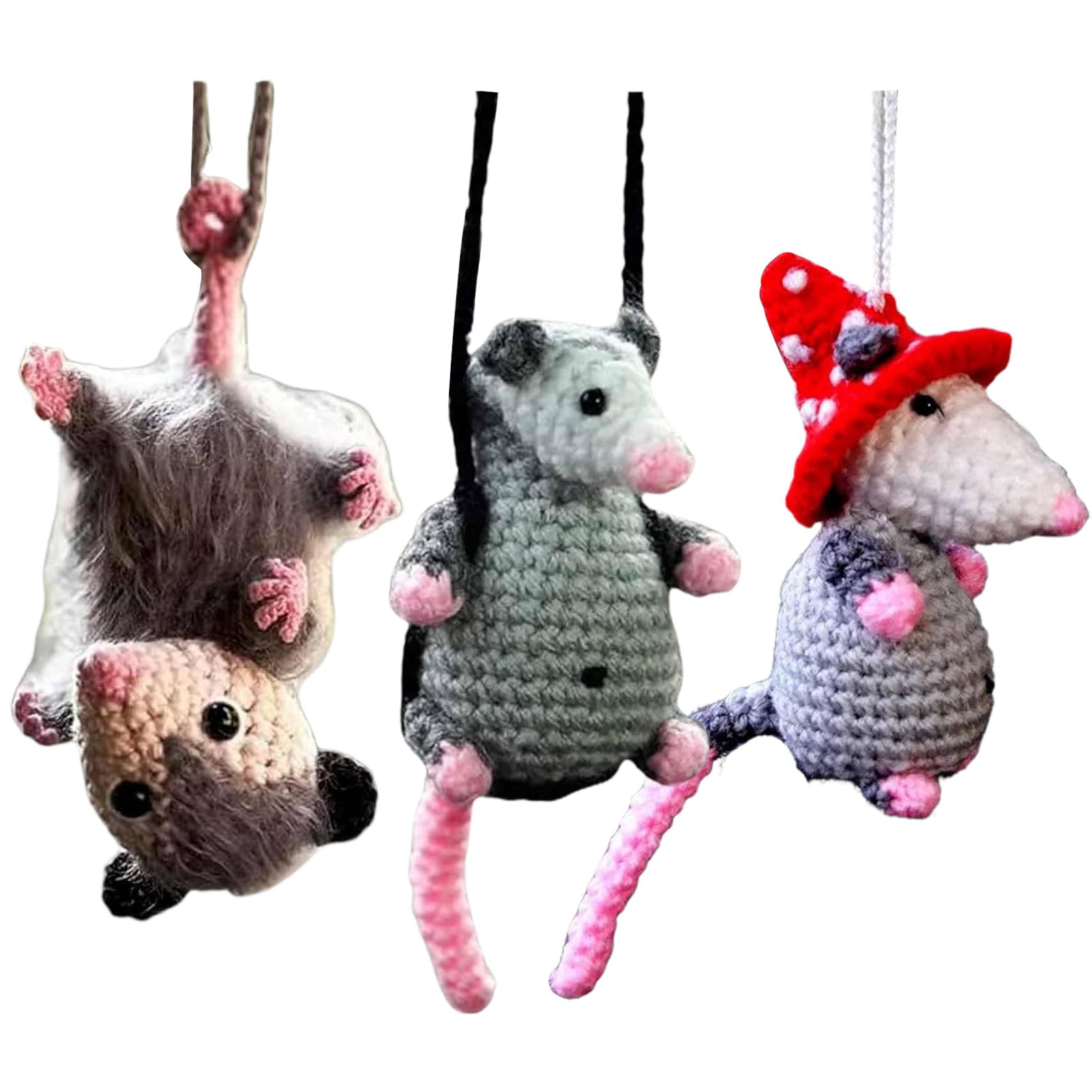 Possum Car Charm, Possum Gifts-Cute Possum Crochet Car Mirror Hanger Accessories Decor, Handmade Knitted Possum Car Pendant, Possum Stuffed Animal Car