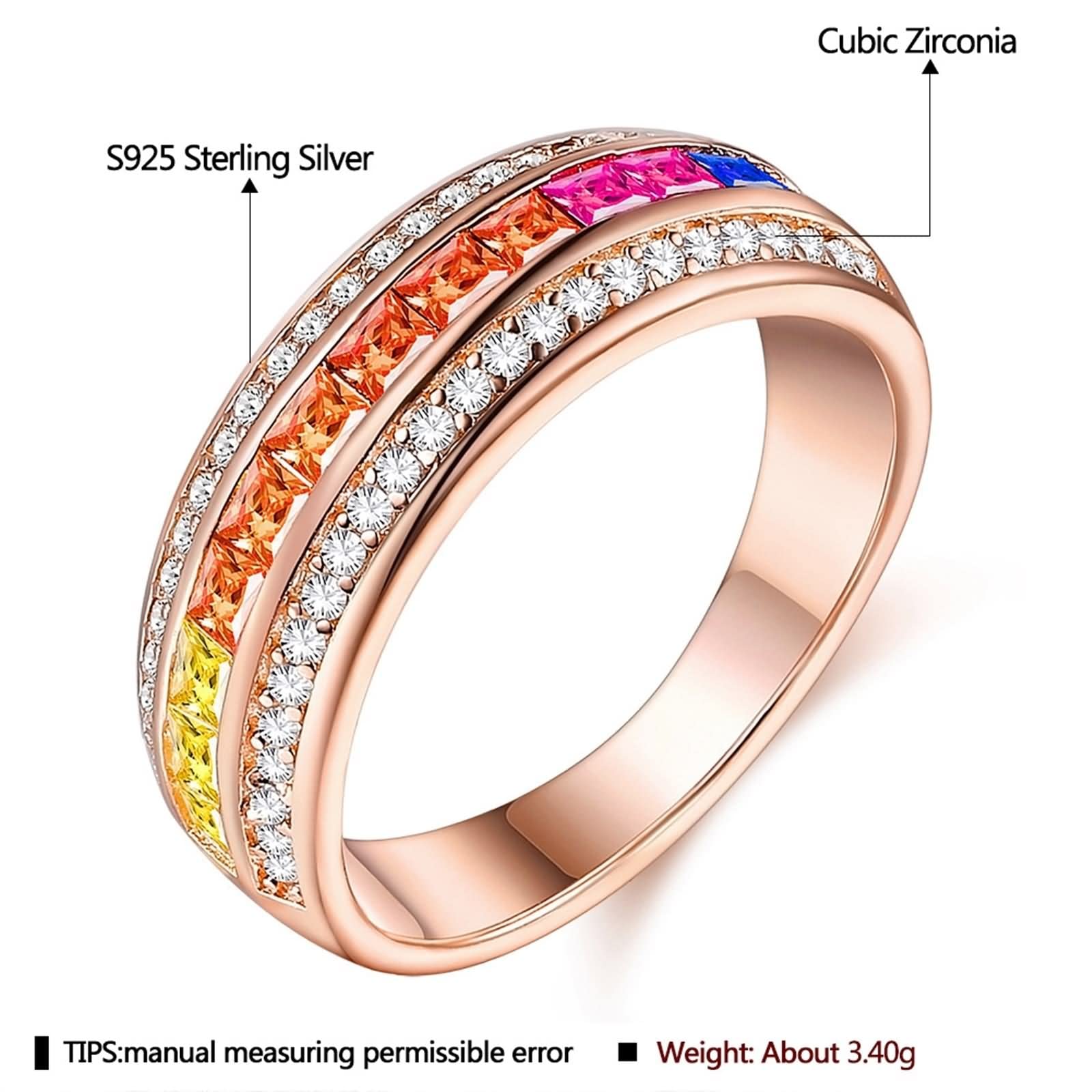 WXKAGF Eheringe für Damen im Vintage-Stil, Vintage-Ringe aus Sterlingsilber, DREI Reihen Regenbogen mit Zirkonia