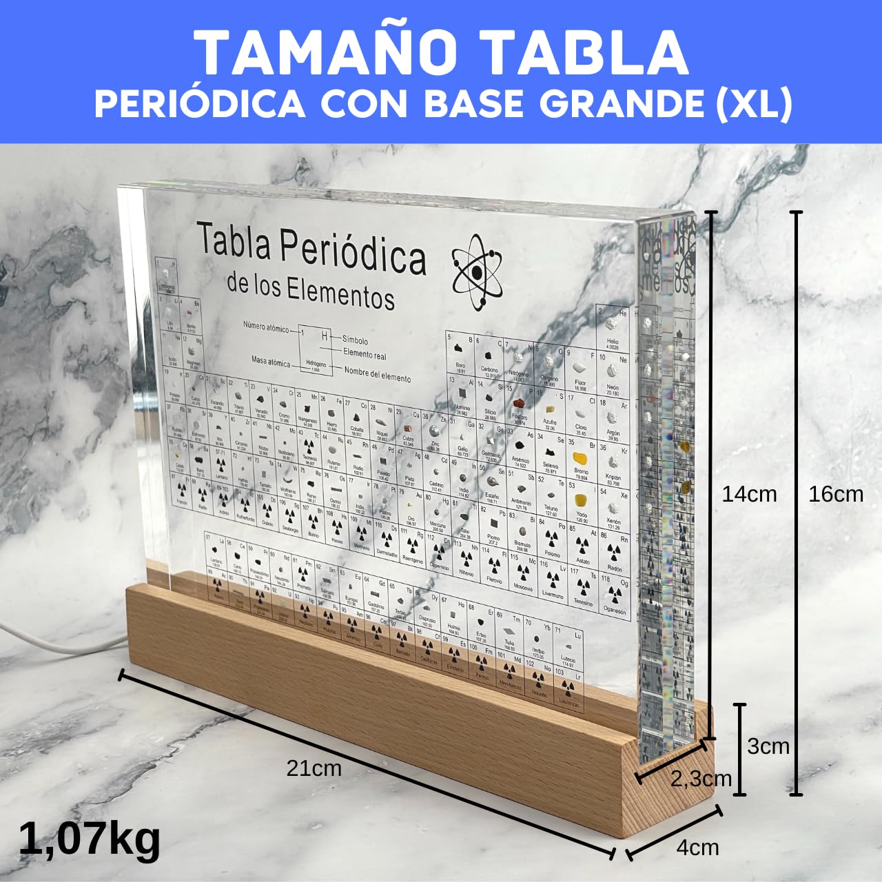 Tabla Periódica en Español Grande con Elementos Reales (21x16x4) - Póster Tabla de los Elementos con Resina Transparente en Castellano - Regalo Química alumnos, profesores, aulas científico (12-XL2)