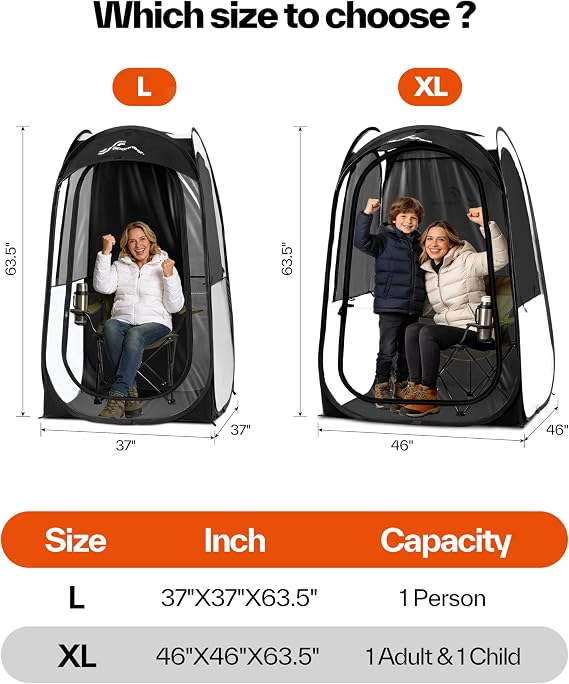 Sportneer Sports Tent: 1 Person Instant Shelter with Ultra Visibility for Cold Day - Lightweight Portable Pop Up Tent for Sports Event, Protection from Cold Wind and Rain, 37 Lx 37 W x 63.5 H
