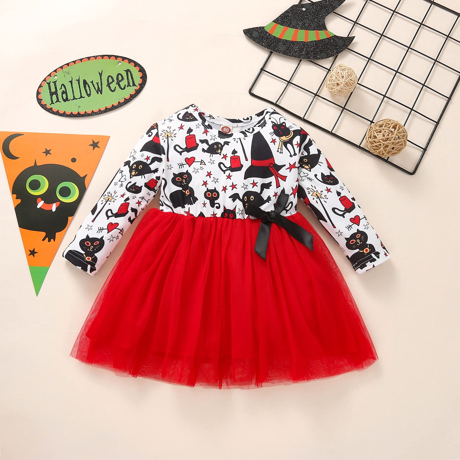 Toddler Baby Girl Halloween Dress Ruffle Long Sleeve Pumpkin Print Patchwork Dresses Playwear Fall Winter Outfit (Tulle Red-Witch,18-24 Months)