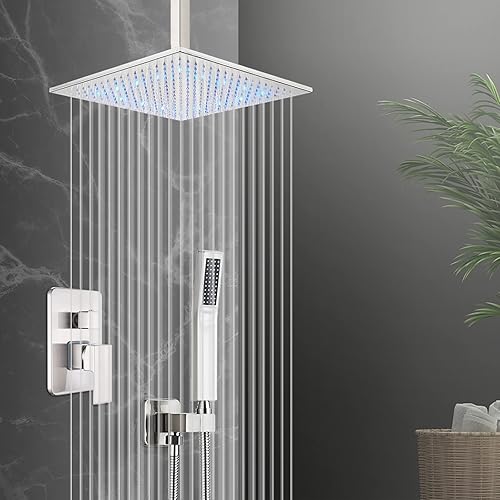 Miniatura 5 de Sistema de ducha LED cuadrado de 12 pulgadas, juego de grifo de ducha con rociador de mano SUS304, kit de ducha de acero inoxidable SUS304, ducha de