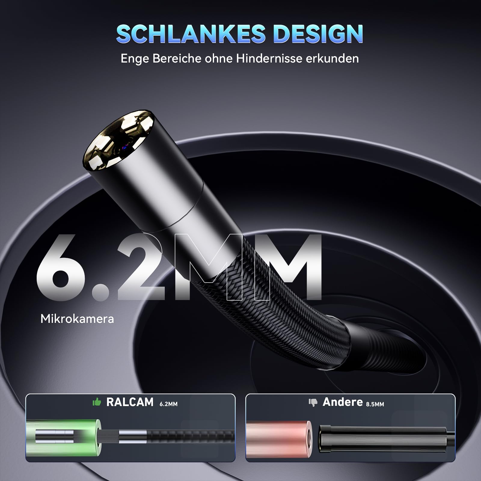 Ralcam Endoskopkamera mit Licht, 360° beweglichem Kopf, 5" HD Display | 6,2mm Inspektionskamera, 6 Einstellbaren LEDs, 32GB Speicherkarte, IP67 Wasserschutz, Für Rohr- und Motorinspektionen