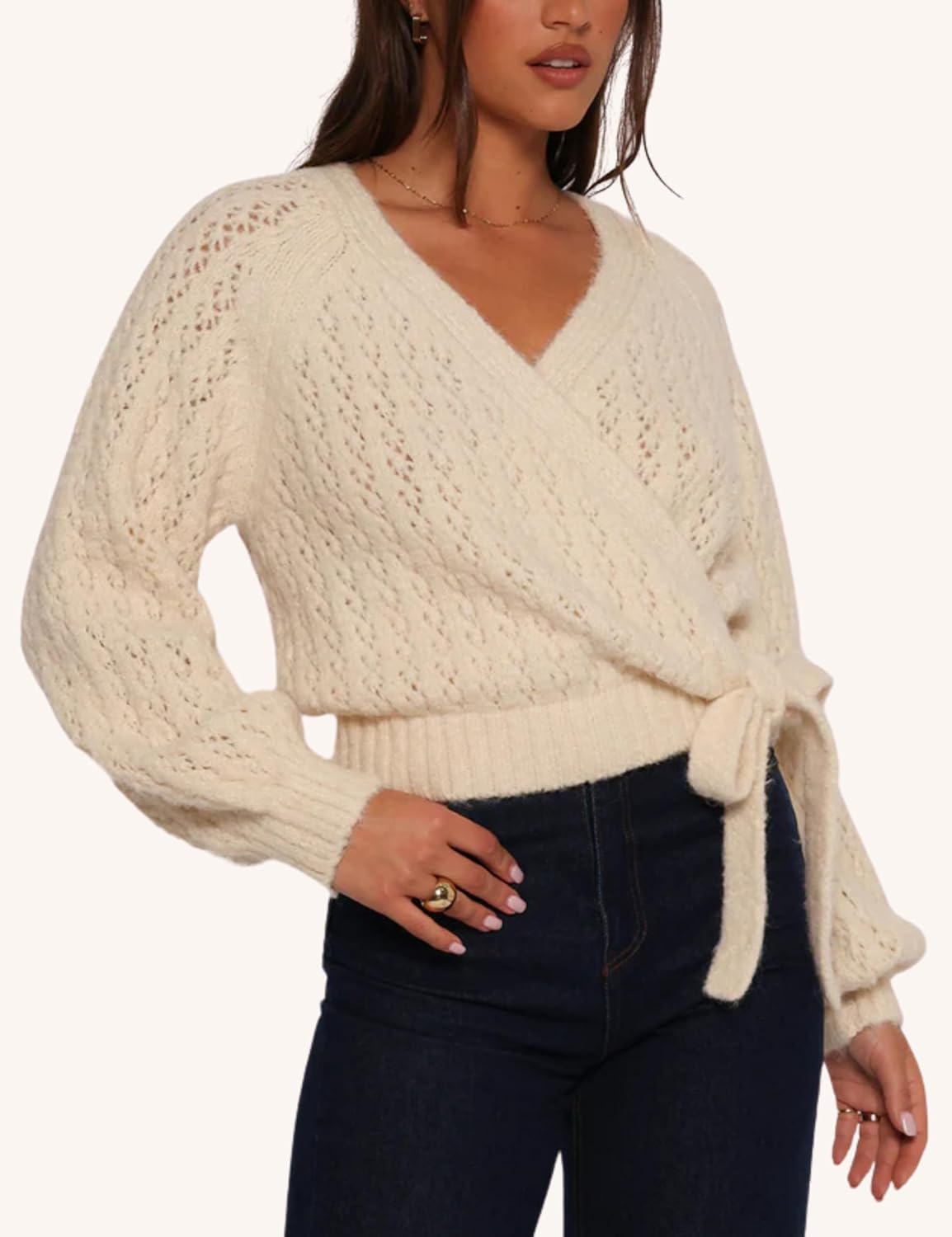 Esmeling Women Bow Tie Wrap Sweater V Neck Lantern Sleeves Knitwear Solid Pullover Cropped Cardigan - Image 3