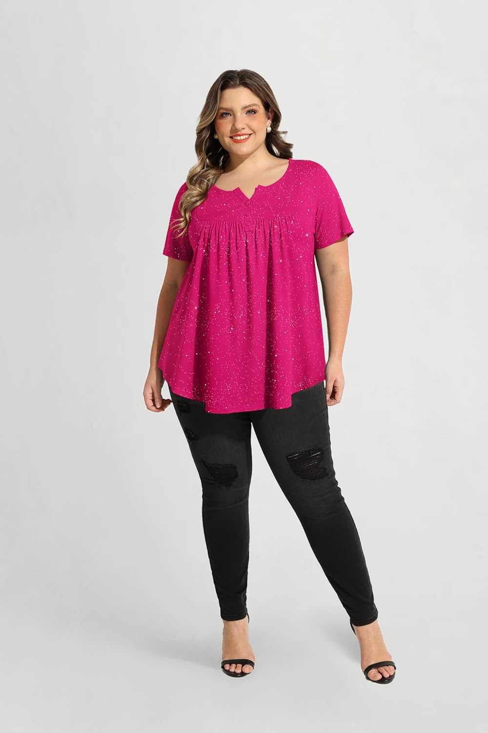 RITERA Women’s Plus Size Casual Tops V Round Neck Tshirts Blouse for Women Girls Basic Summer Black Tops Solid Color XL 5XL - Image 2