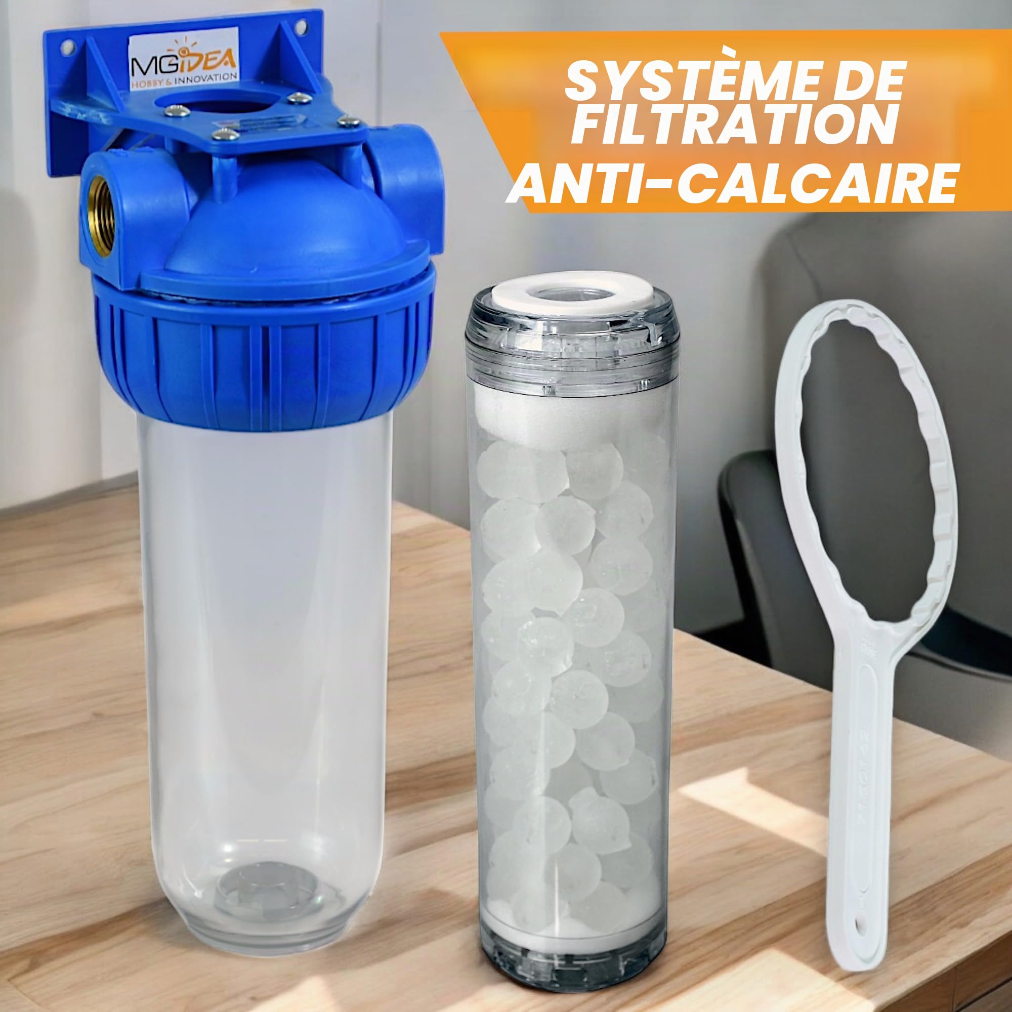 Filtre anti-calcaire, système de filtration sous chaudière installation d'eau siliphos sel polyphosphates (3/4" - trois quarts pouce)