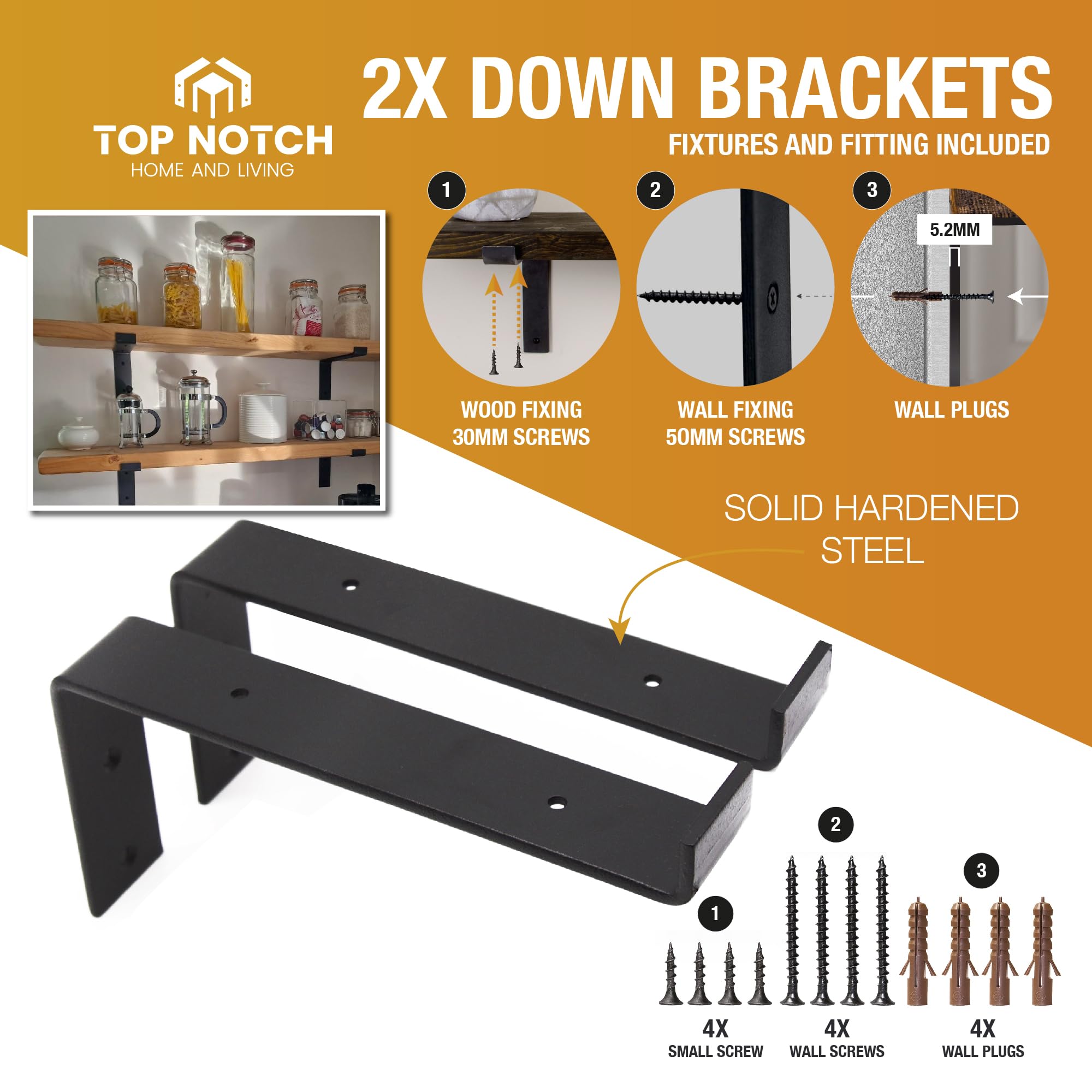 Top Notch Home and Living Heavy Duty Metal Shelf Brackets, Black, Pack of 2 Down Brackets - Image 3