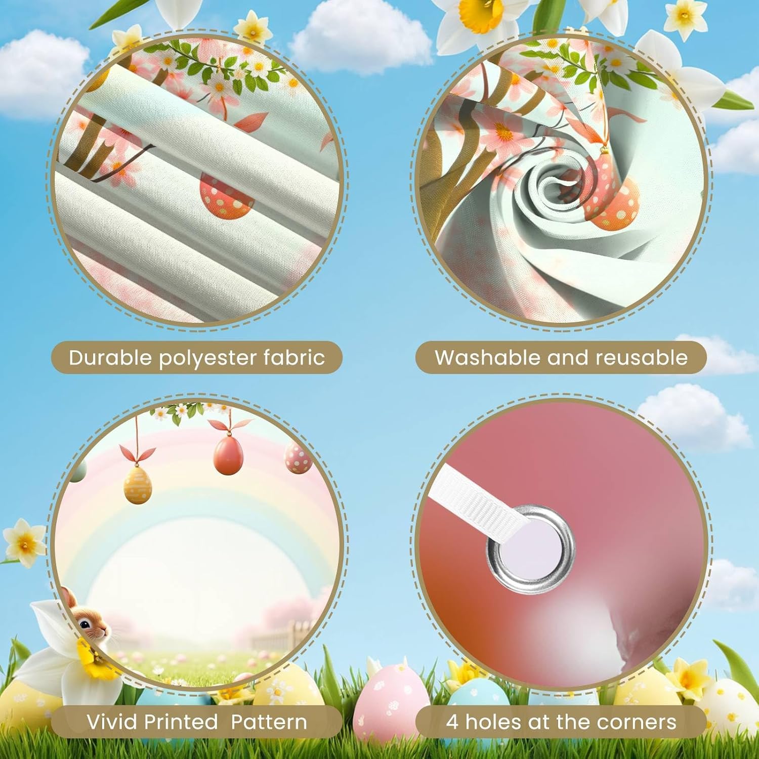 Happy Easter Banner Backdrop Decorations - Spring Bunny Eggs Rainbow Photography Background for Kids Party, Large Fabric Yard Fence Wall Sign Decor, 71" x 43"