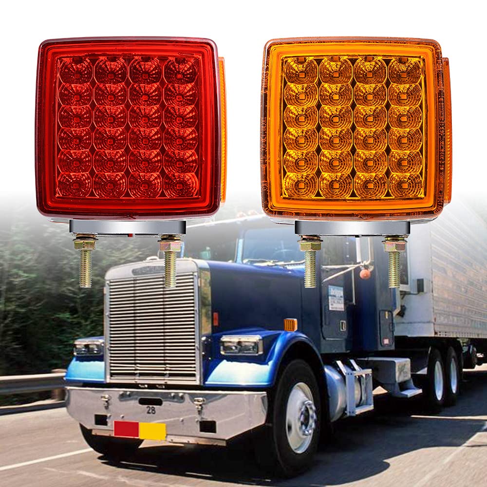 Astra Depot 4X Square 51 LED Trailer Fender Marker Turn Signal Lights Double Face Pedestal Corner Light Reflector Double Face AMBER RED For Tractor Semi-Trailer Bus Boat