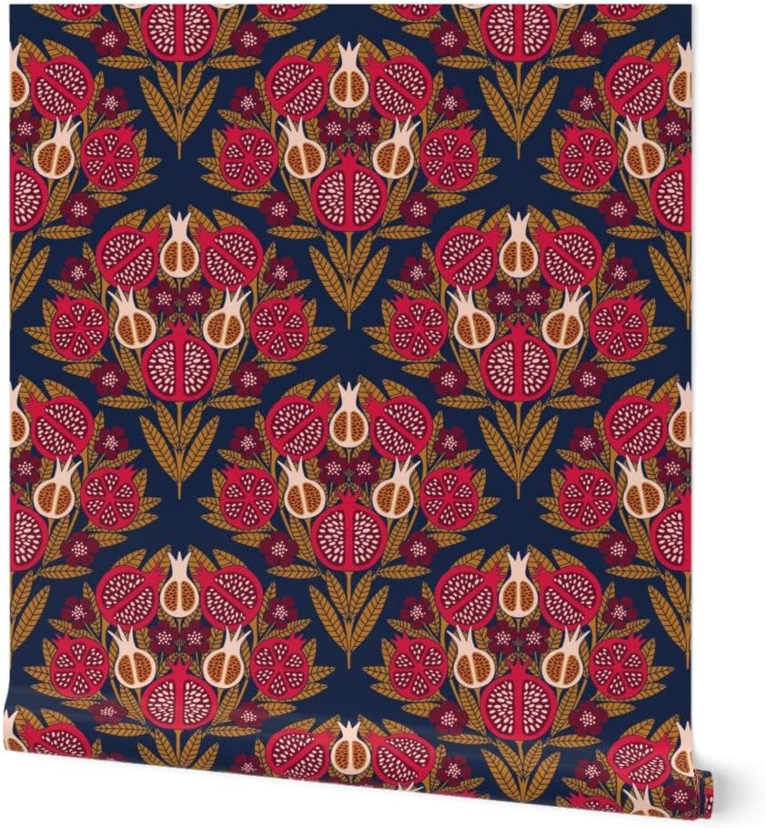 Spoonflower Removable Wallpaper 6ft x 2ft - Damask Blue Gold Rose Maroon Custom Pre-Pasted Wallpaper