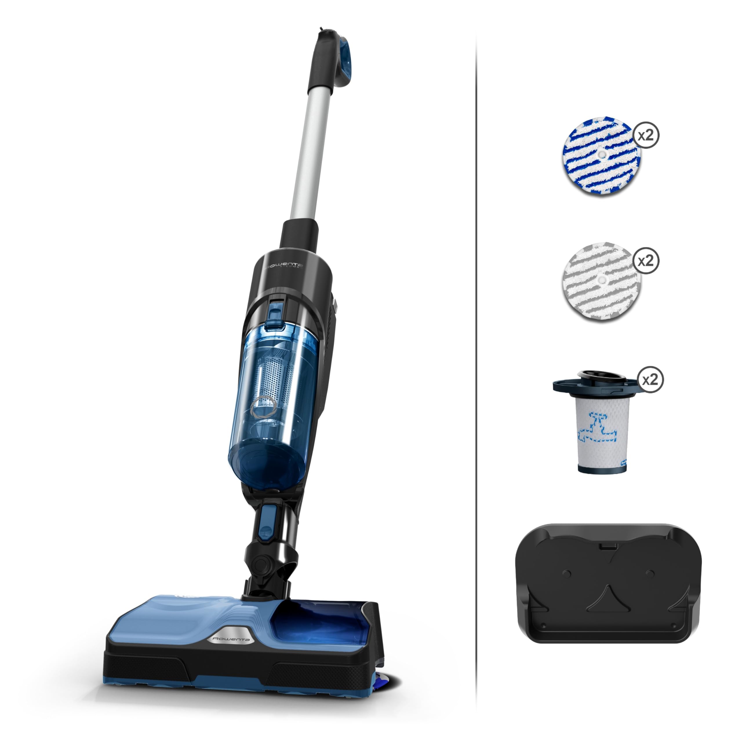 Rowenta GZ3038WO X-COMBO Aspirapolvere Senza Fili Potente, Aspira e Lavapavimenti, Scopa Elettrica Senza Fili Leggera Multisuperficie, Tecnologia Aerospin, 3 Modalità, Autonomia 60 Min