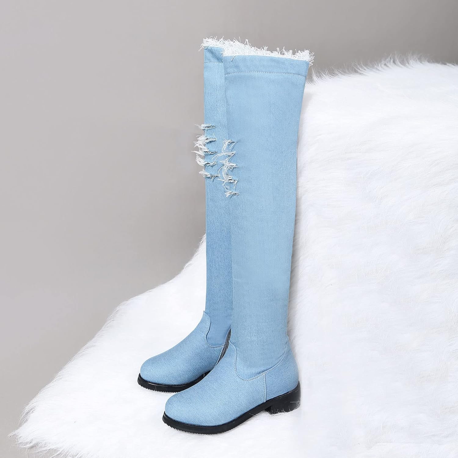 Bellirala Womens Denim Thigh High Boots Flat Over The Knee Boots Side Zipper