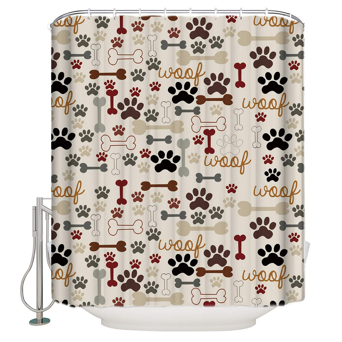 Dog Paws Shower Curtains with Bones Pattern Print Polyester Fabric Bathroom Curtain Decor Include 12 Hooks, 72x72 Inches