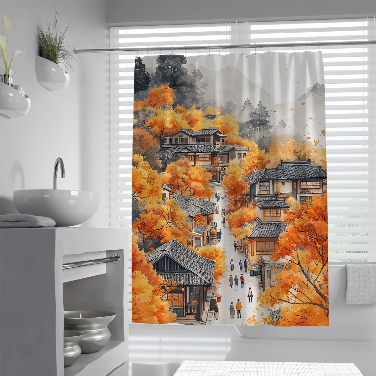 UERWOWELL Watercolor Ancient Town Shower Curtain Beautiful Fall Season Mountain Village Pathway Old House Scenery Bathroom Curtain Washable Polyester W120xL180 cm