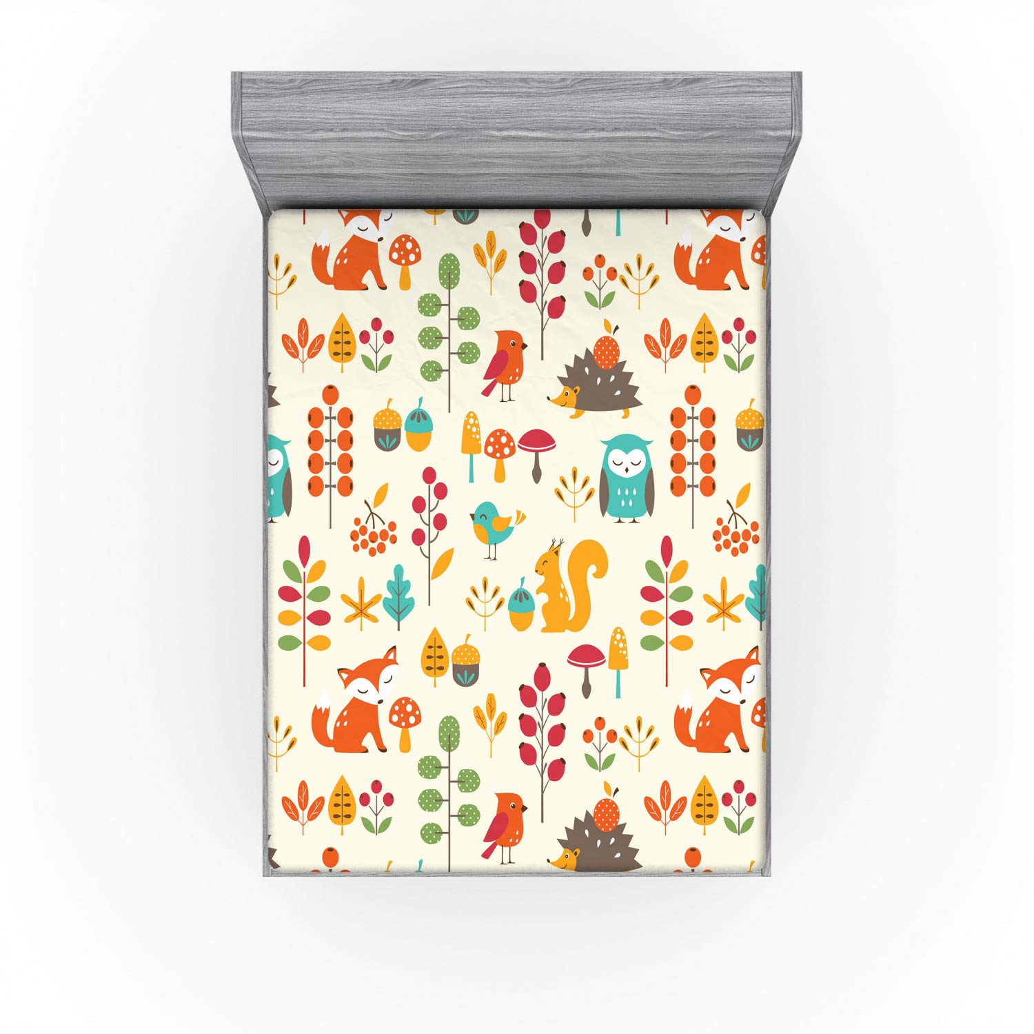 Ambesonne Cartoon Fitted Sheet, Autumn Pattern Owl Fox Squirrel Birds Animal Leaves Print, Soft Decorative Fabric Bedding All-Round Elastic Pocket, Queen Size, Cream Orange