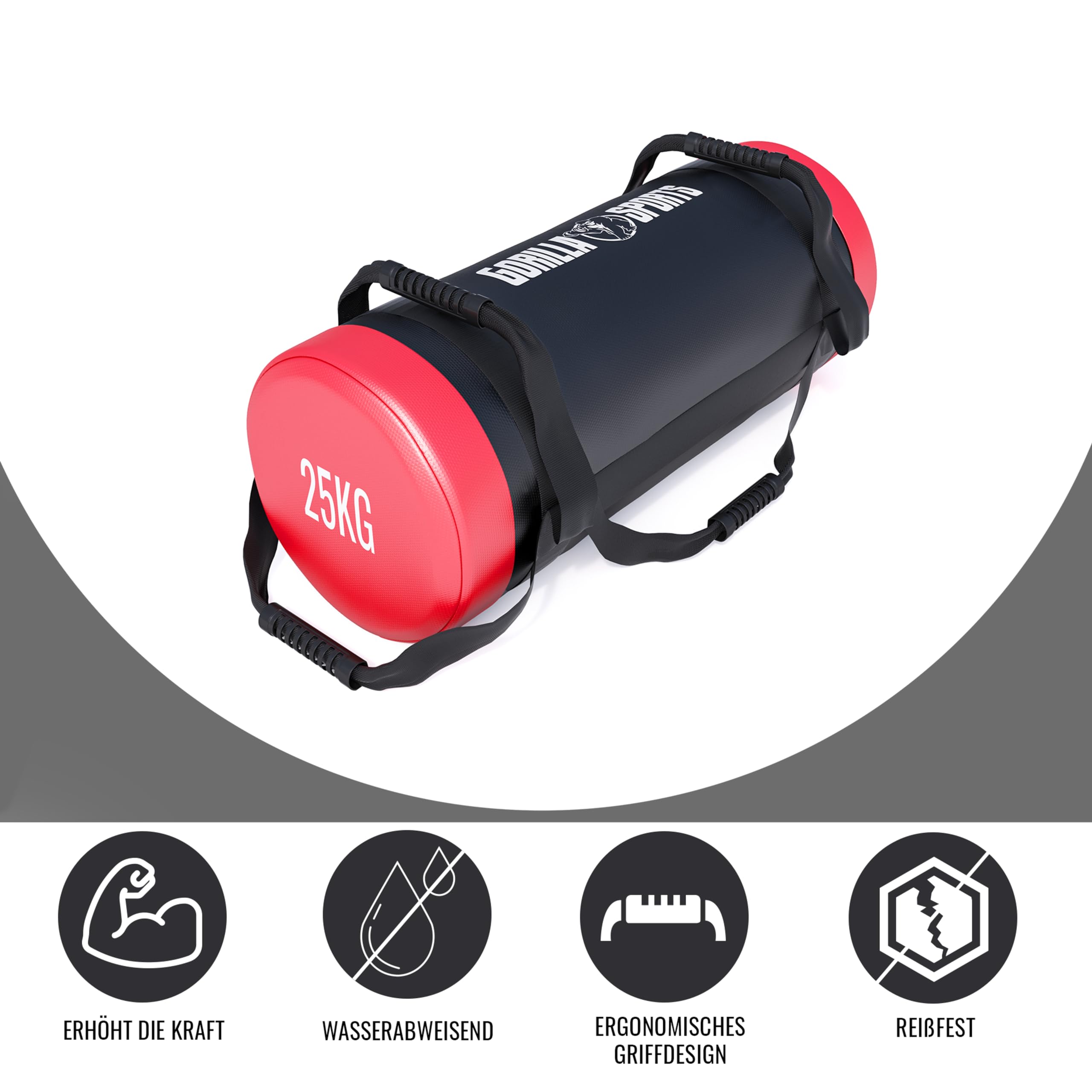 Gorilla Sports Power Bag 30 kg, Rempli, 6 Poignées Antidérapante, Similicuir, Sac de Sable Musculation