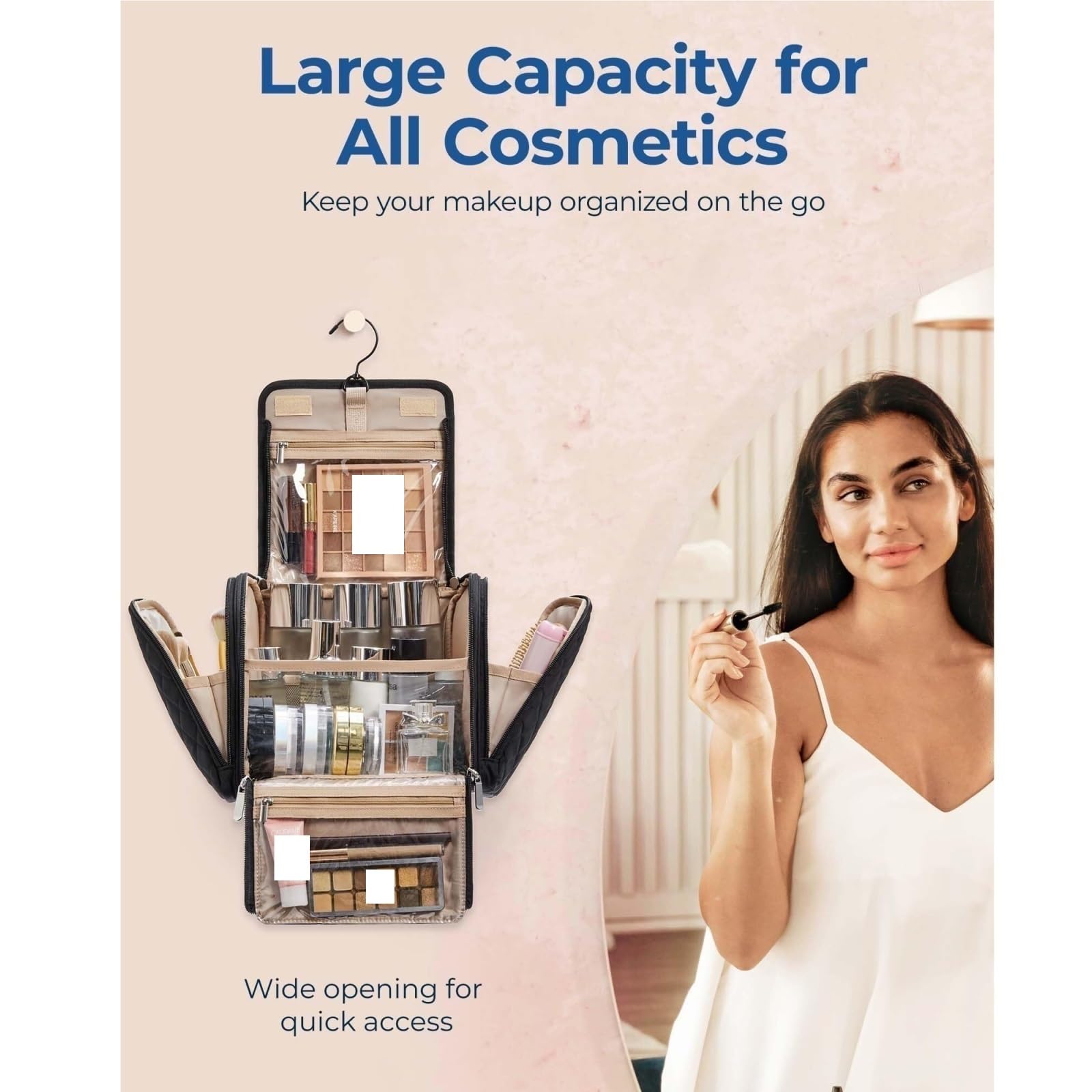 Neceser Maquillaje Neceser Mujer Bolsa De Cosméticos For Mujer con Gancho, Bolsa De Cosméticos Portátil Que Puede Contener Cosméticos Y Artículos De Tocador Bolsa De Maquillaje(Black)