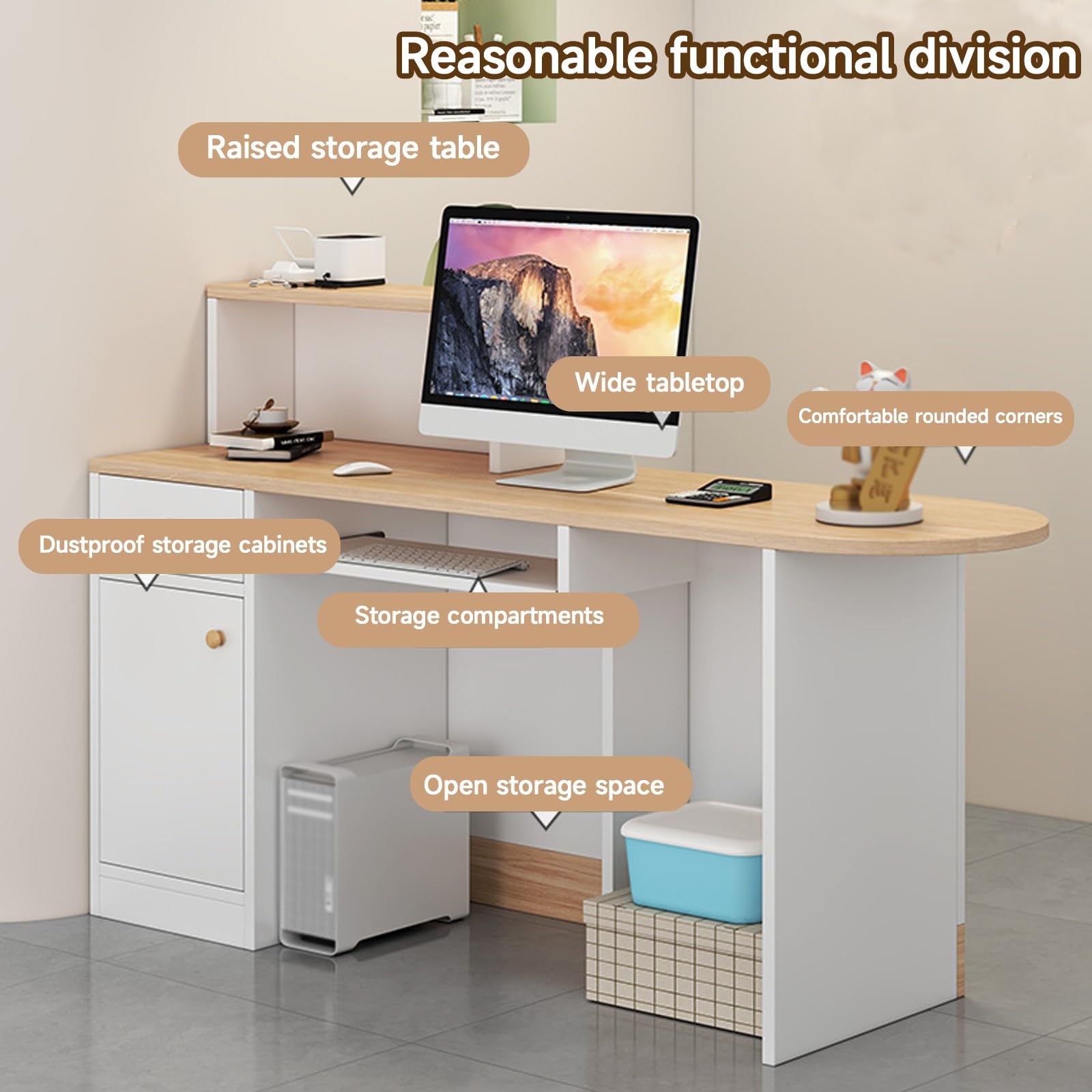 Scrivania moderna da incasso con serratura in legno bianco e legno Worpace, 120 cm, per uffici e aziende