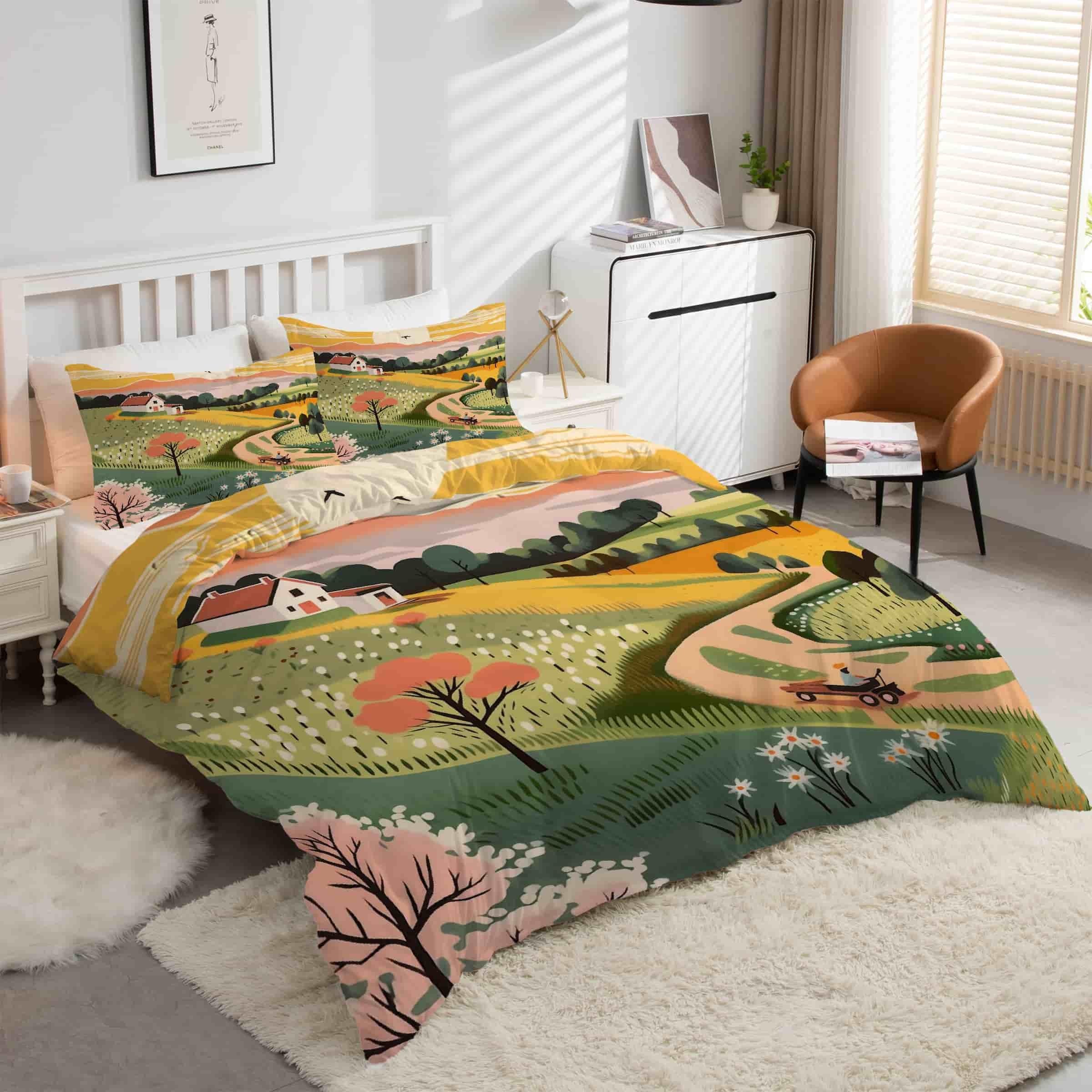 Housse de couette zippée 200x200 anti-glissement avec parure de lit paysage village