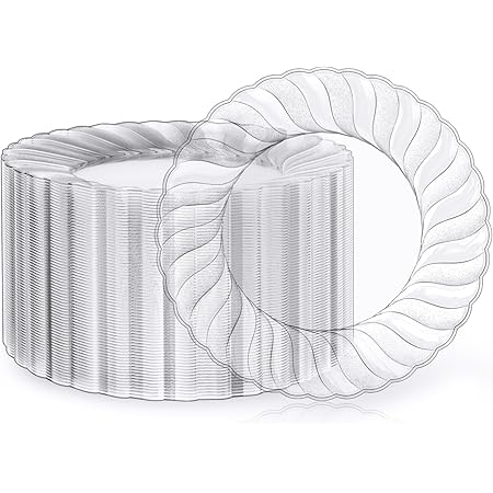 FOCUSLINE 100 Count Clear Plastic Plates 9 Inch, Disposable Heavy Duty Plastic Dinner Plates- Premium Hard Plastic Plates Fancy Disposable Clear Plates for Weddings, Parties and Events