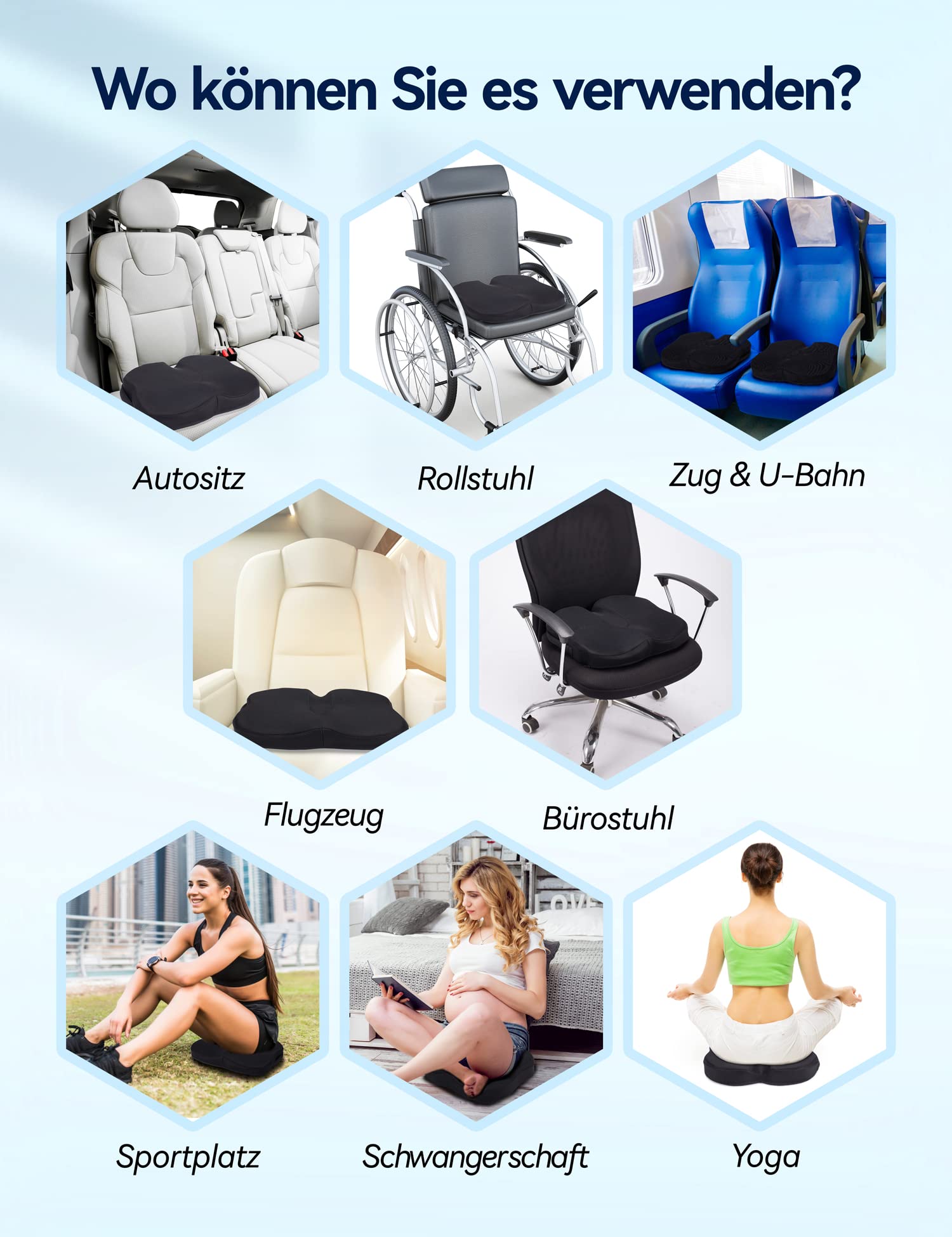 Travel Ease Ergonomisches Sitzkissen, Premium Gel Memory-Schaum Sitzpolster mit Rutschfester Basis für langes Sitzen, Hüftstützkissen für Bürostuhl, Autositz, Gaming-Stuhl (Schwarz)