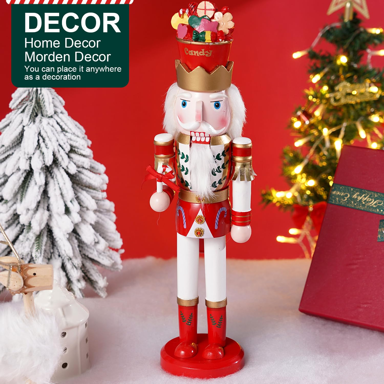 Schiaccianoci gigante da 38 cm (15 pollici) con bastoncino di zucchero e ghiaccio - Figura da collezione in legno - Decorazione natalizia creativa per casa, feste o come regalo (versione