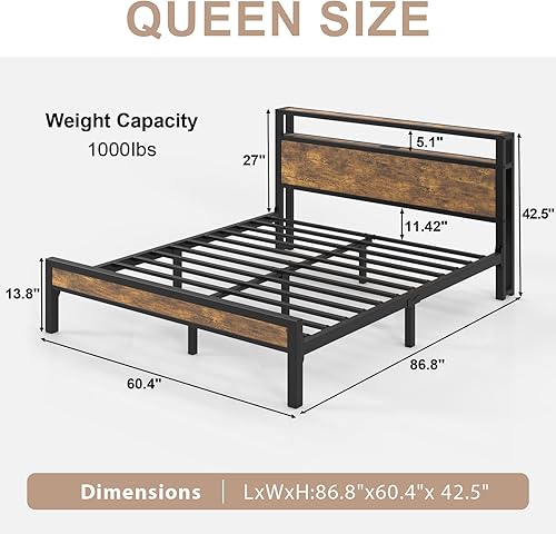 Miniatura 2 de Queen Size Bed Frame with Charging Station and LED Lights, Metal Platform Bed with 2-Tier Storage Headboard, Noise Free, No Box Spring Needed, Easy