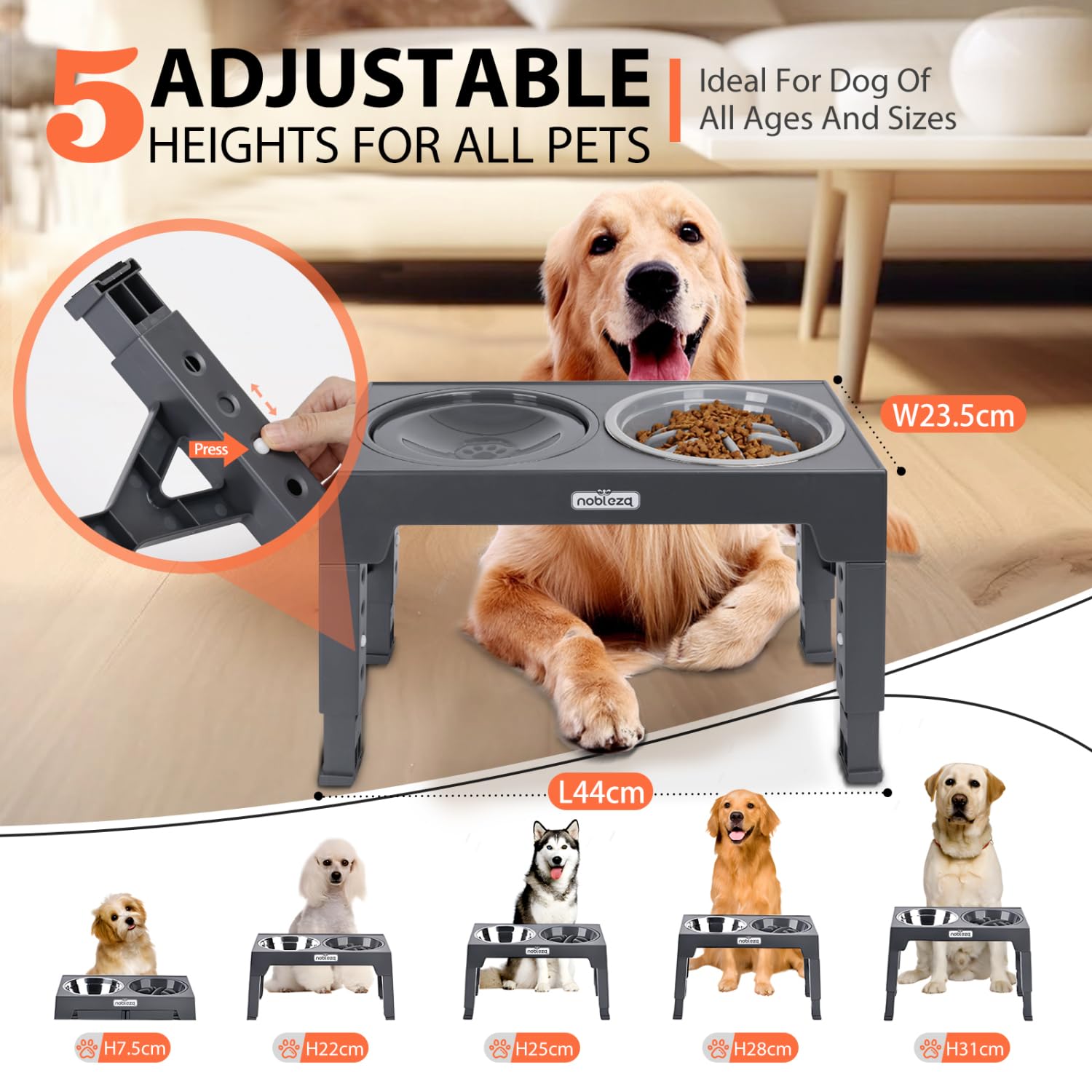 Nobleza Comedero Perro Elevado 5 Alturas Ajustables (7,5-31 cm), Incluye Cuenco Acero Inoxidable 1100ml, Comedero Perro Antivoracidad y Bebedero Antisalpicaduras 800ml, Antideslizante, Gris