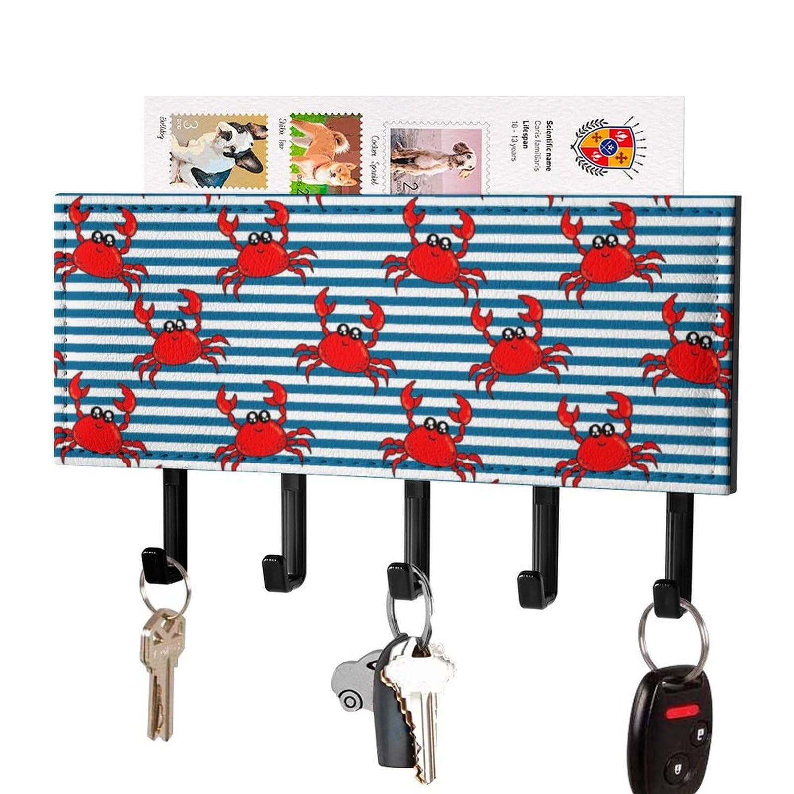 NCLQVJXZKHW Red Crab On Stripes Key Holder with 5 Hooks Key Hooks Wall Mounted Key Racks Key Hanger Organiser Shelf