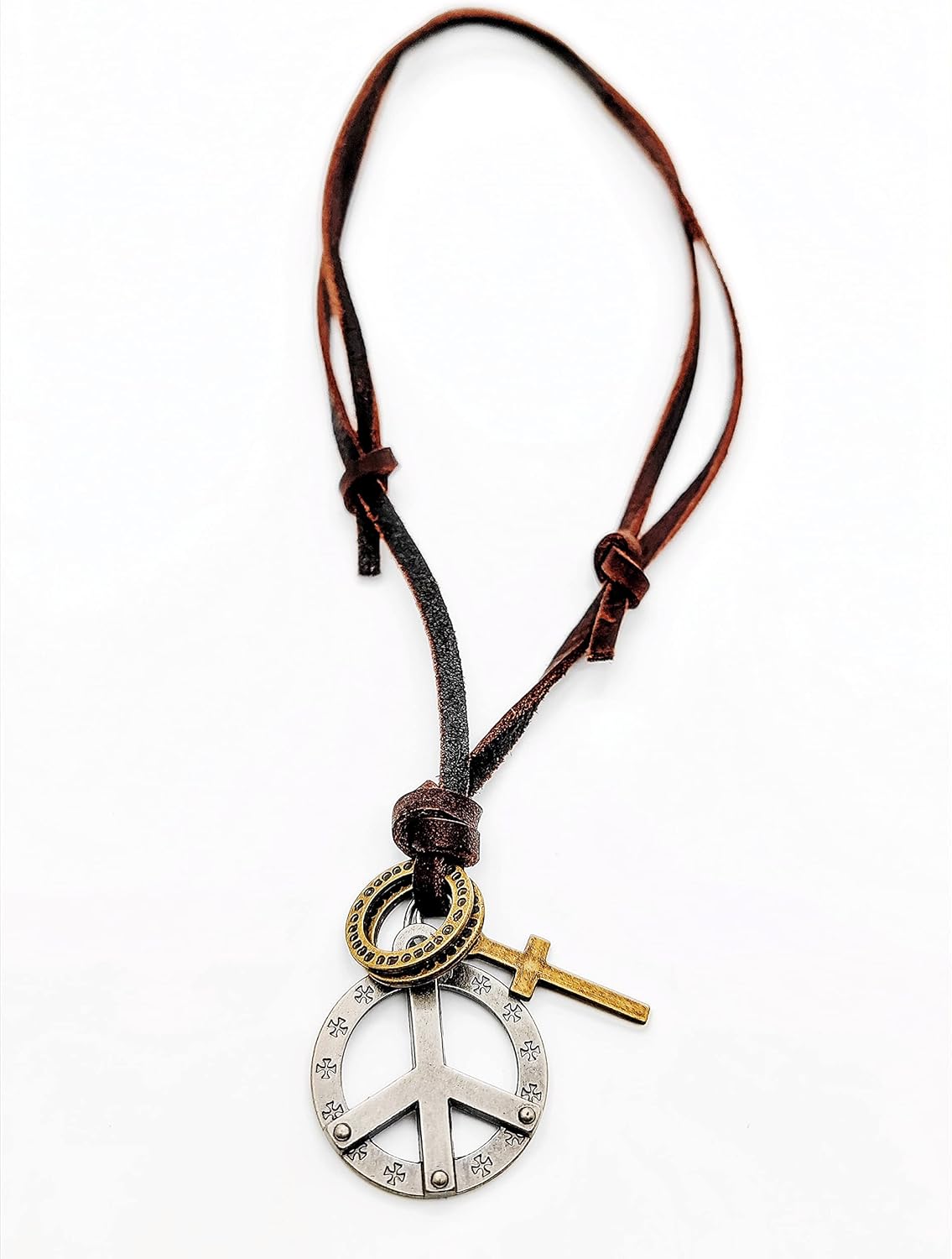 Vintage Anti-war Peace Sign Pendant Necklace, Adjustable Brown Leather, Mens Womens, Tribal Ethnic - Image 2