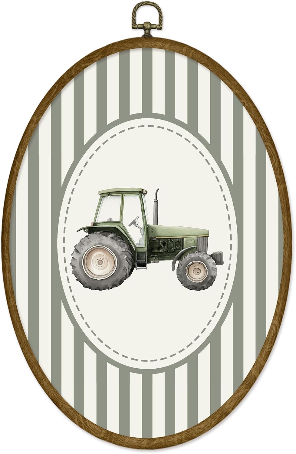 ODFGBDS Vintage Tractor Farm Nursery Oval Wall Art Decor, Kids Room Canvas Wall Art Framed, Neutral Green Striped Oval Hanging Decorations for Kids Boys Room Bedroom Playroom Home Decor, 8.6x11.4 Inch