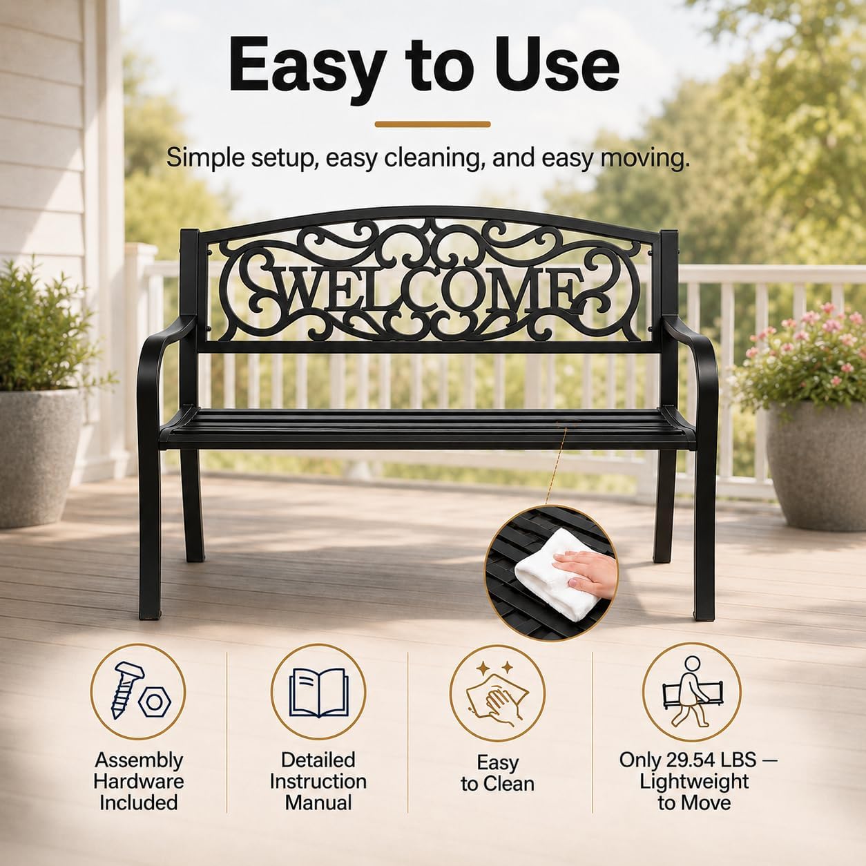 50" Outdoor Bench,Metal Outside Benches for Garden,Patio,Front Porch, Park, Yard, with Armrest and PVC Backrest,Weather Resistant,Iron,Support up to 750lbs,Black