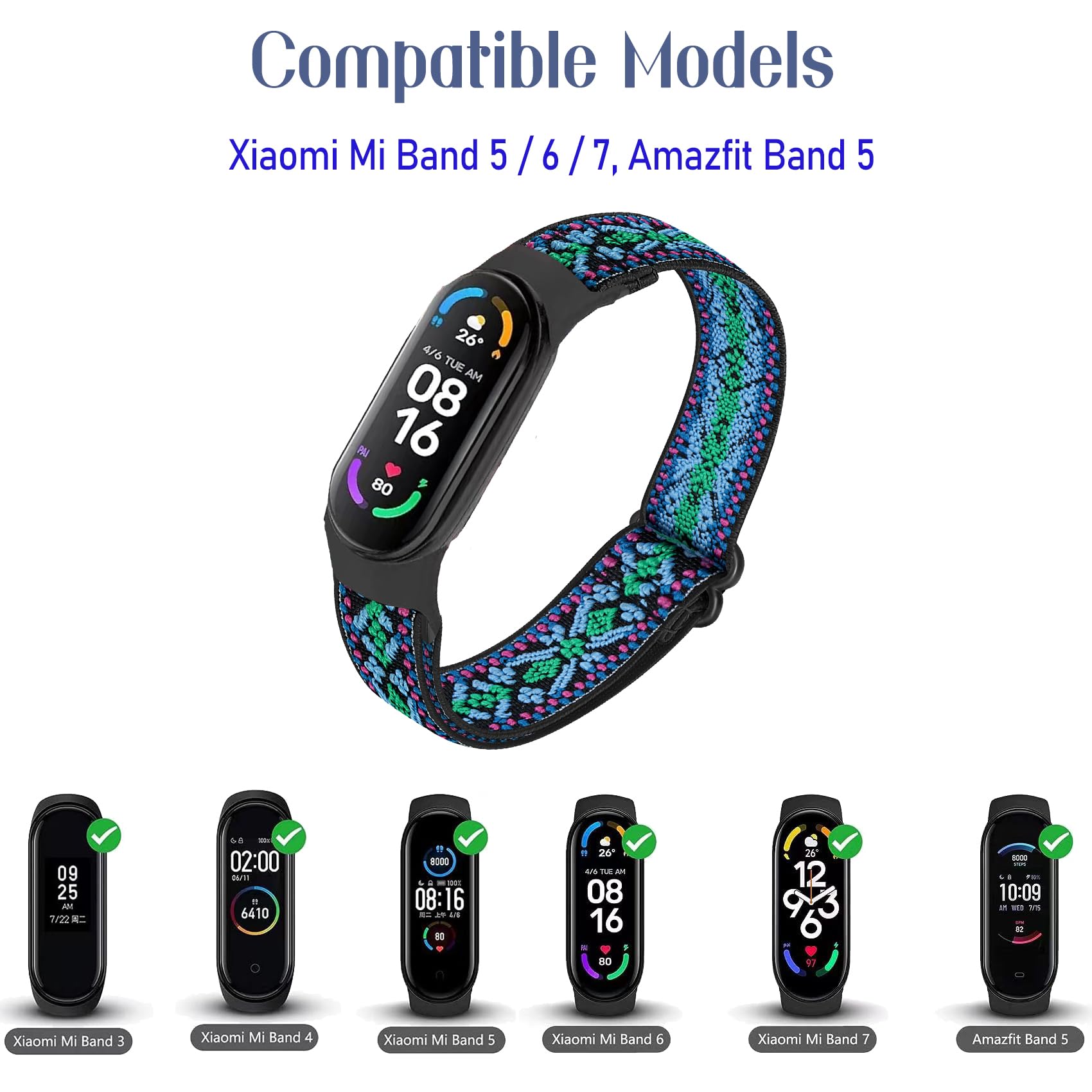 HUYIIO 2 Pack Adjustable Straps Compatible with Xiaomi Mi Band 7/6/5, Soft Breathable Nylon Sport Band For Women & Men - Image 4