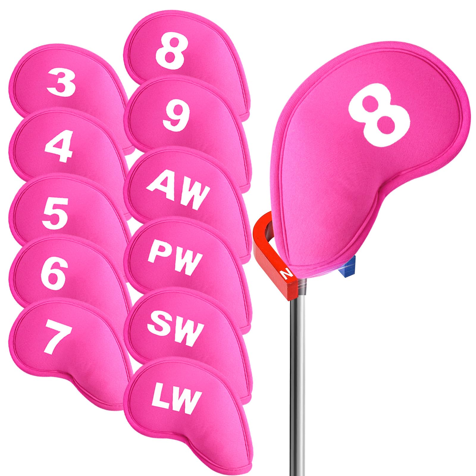 AMRTA Golf Iron Head Covers Magnetic Premium Neoprene Value 11 Pcs, Durable Headcovers with Printed Numbers Almost Fit All Irons Clubs, Bright Pink For Men Women Golfers